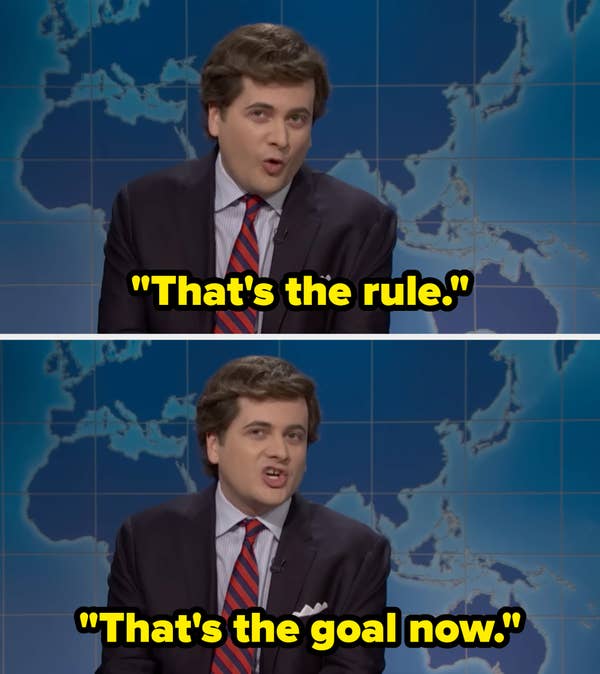 Person in a suit and striped tie, speaking in front of a world map backdrop, reminiscent of a news or talk show setting