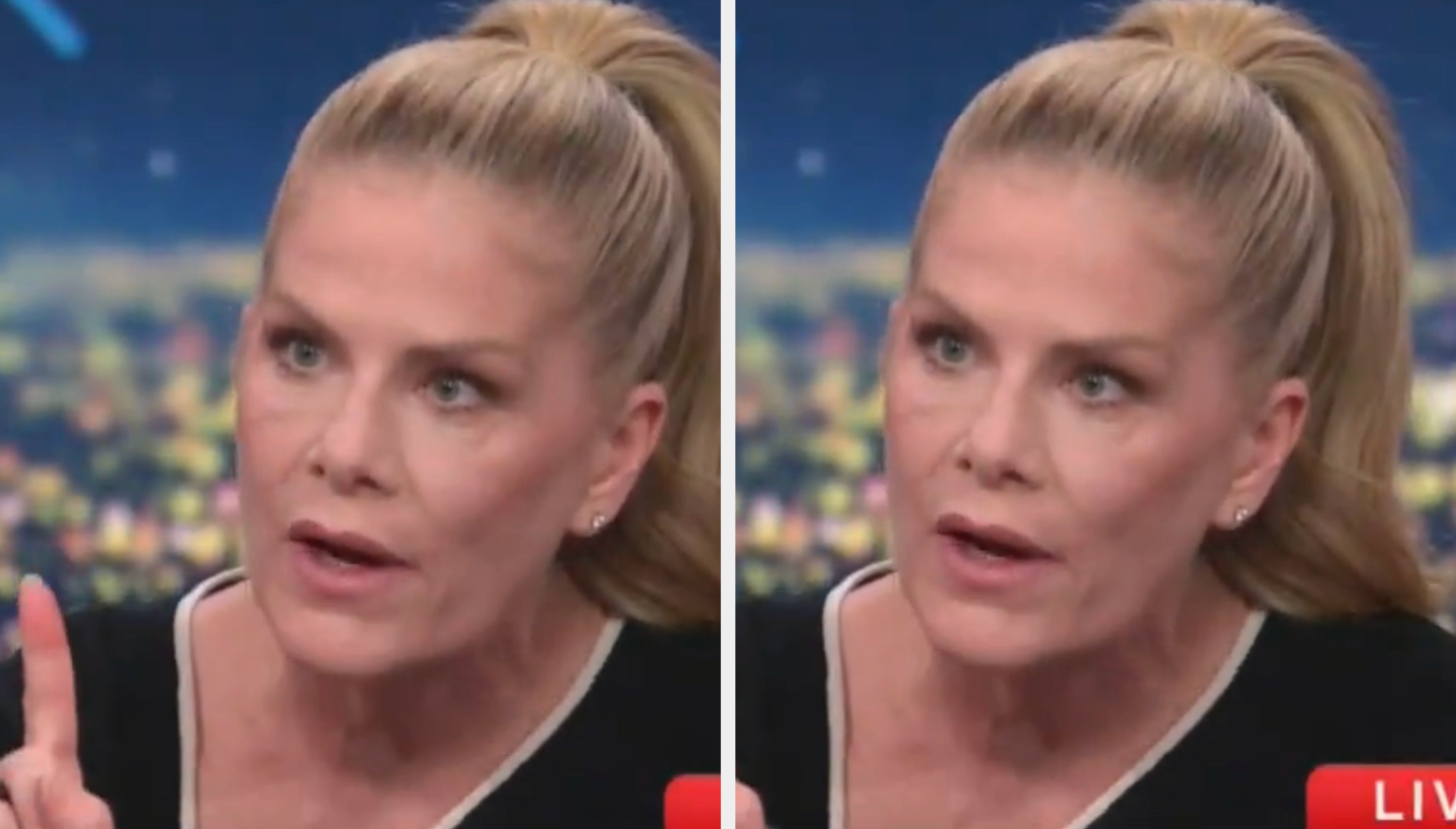 Person med blondt hår i en slank hestehale vises animert under et direkte TV-intervju, og gestikulerer uttrykksfullt mens han snakker