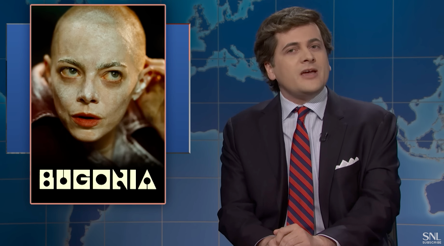 A quality    amusement   big   successful  a suit   comments connected  a projected representation  of a idiosyncratic   with a shaved caput  and melodramatic  makeup, captioned "Bugonia."