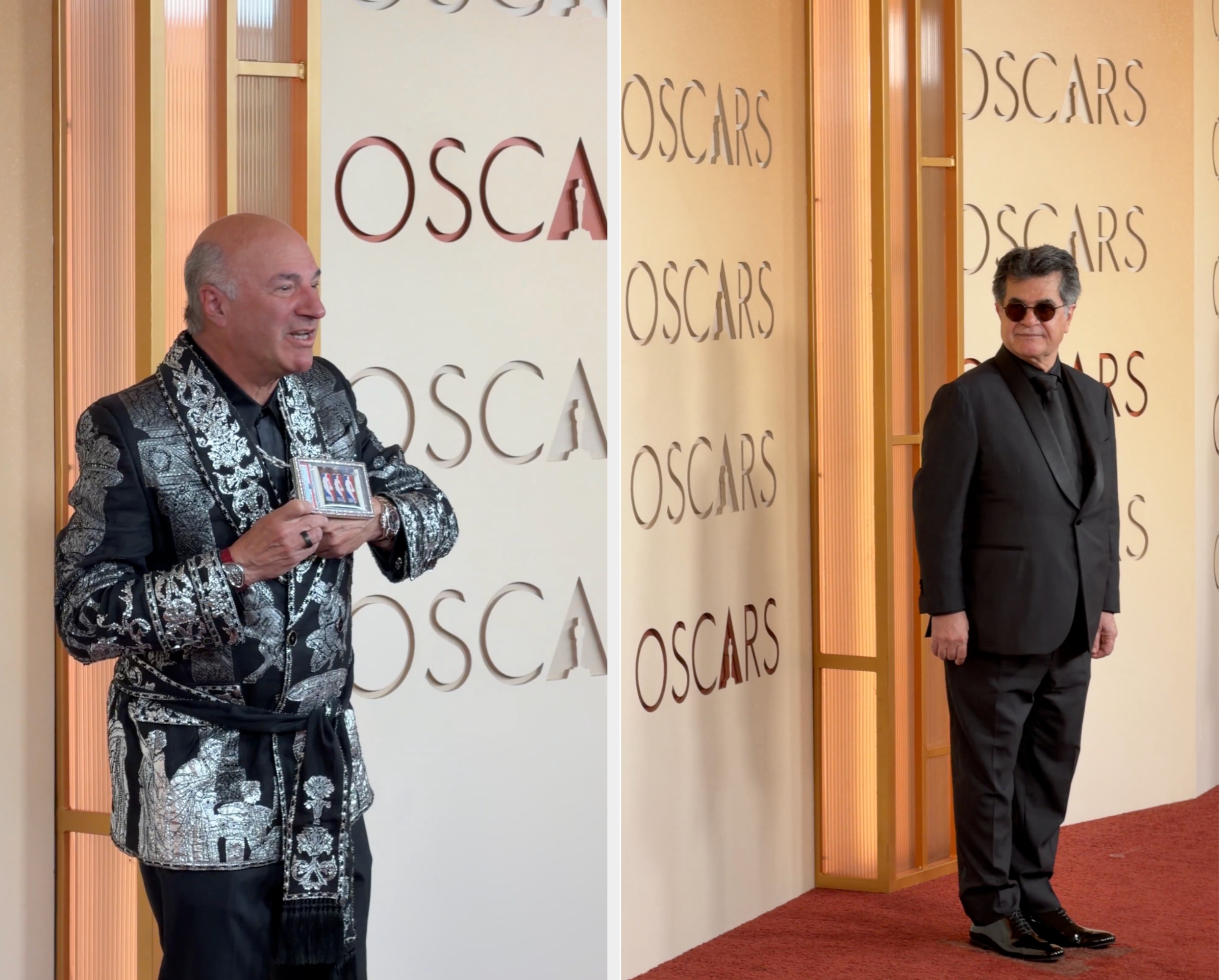 A idiosyncratic   successful  a stylish, ornate achromatic  overgarment   poses with a tiny  publication  connected  a reddish  carpet astatine  an lawsuit   with "OSCA" partially disposable   successful  the background