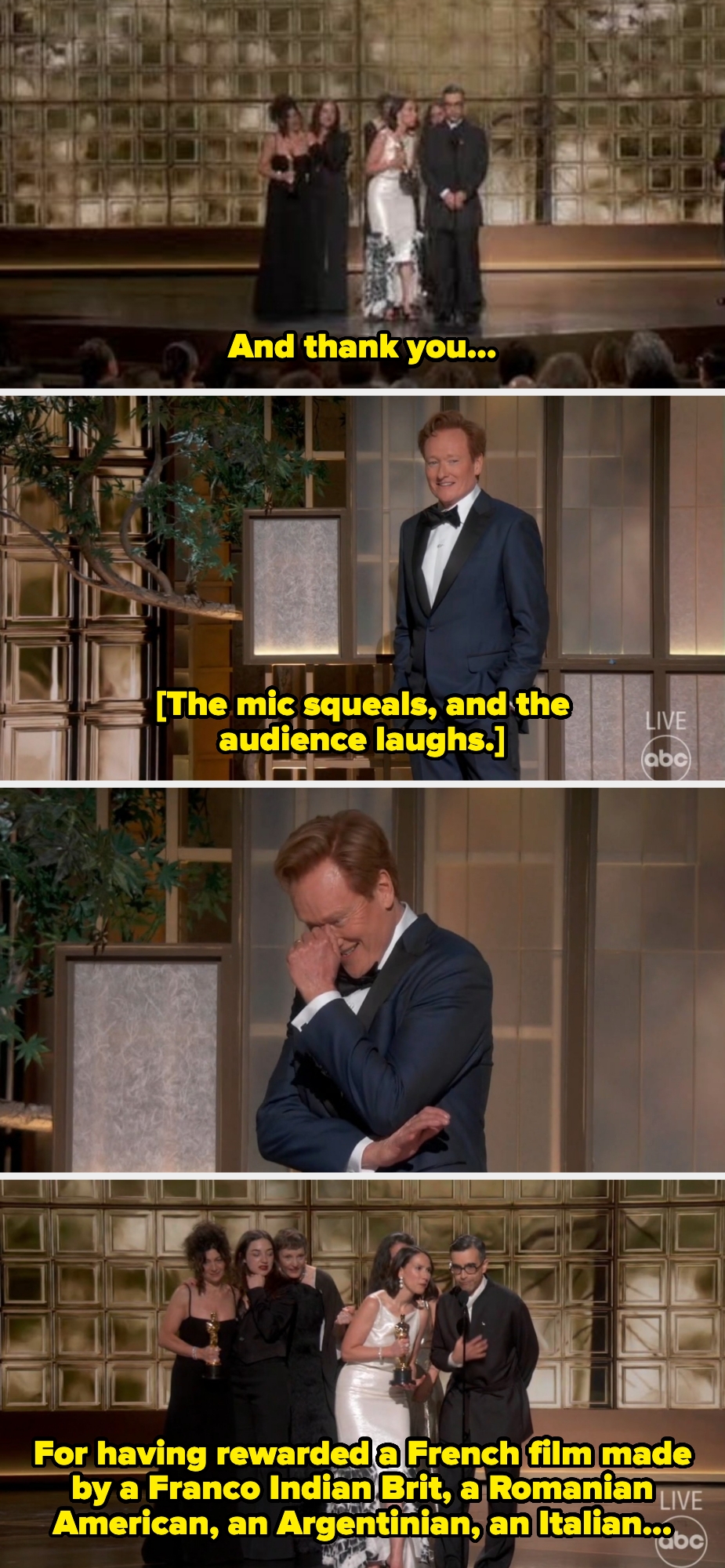 as Alexandre starts a speech, the mic squeals, and Conan gives the camera an awkward look. Alexandre continues, highlighting the diverseness  of the squad  down  the film