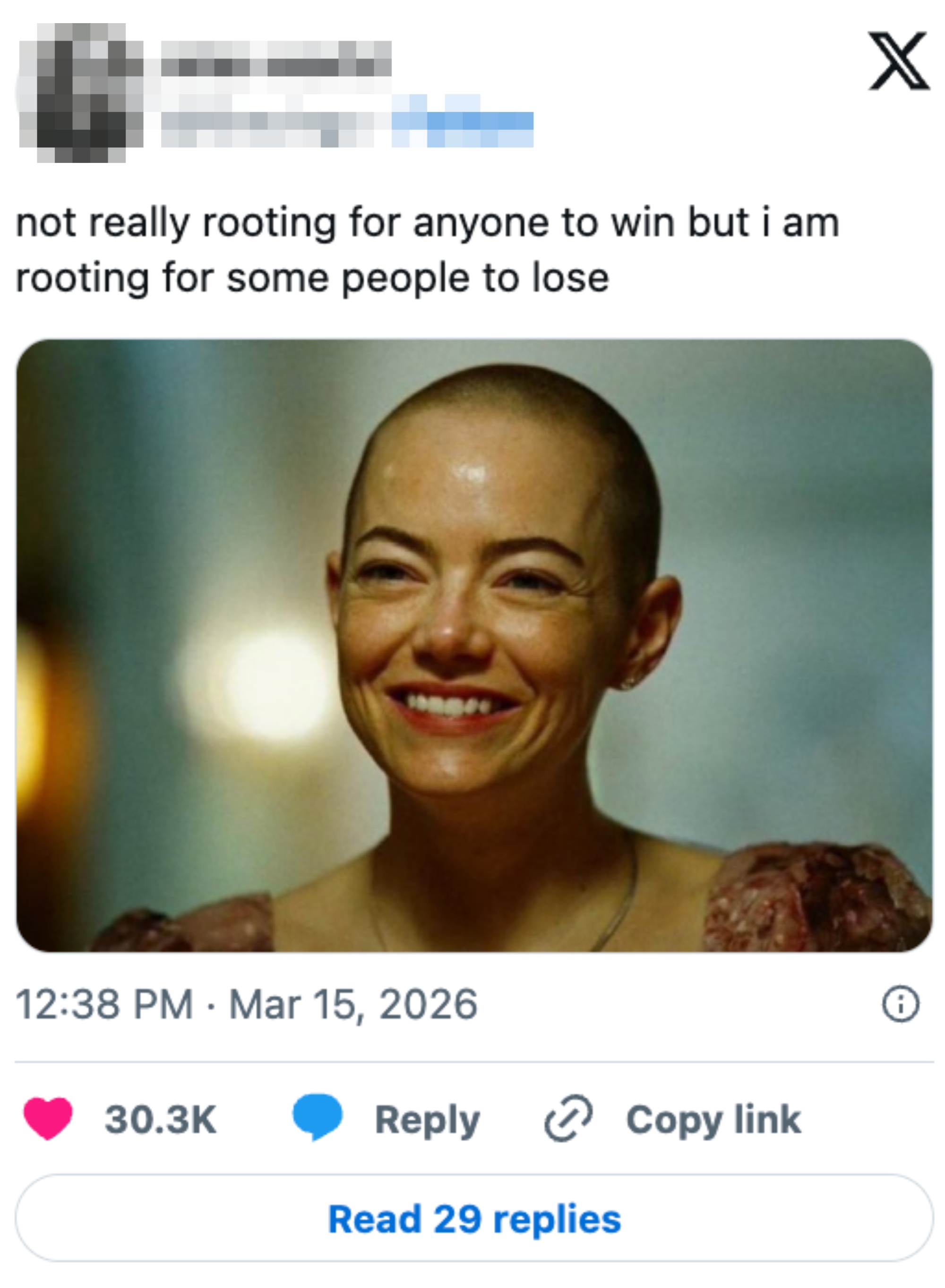 Woman with a shaved head, smiling with a caption: "not really rooting for anyone to win but i am rooting for some people to lose."