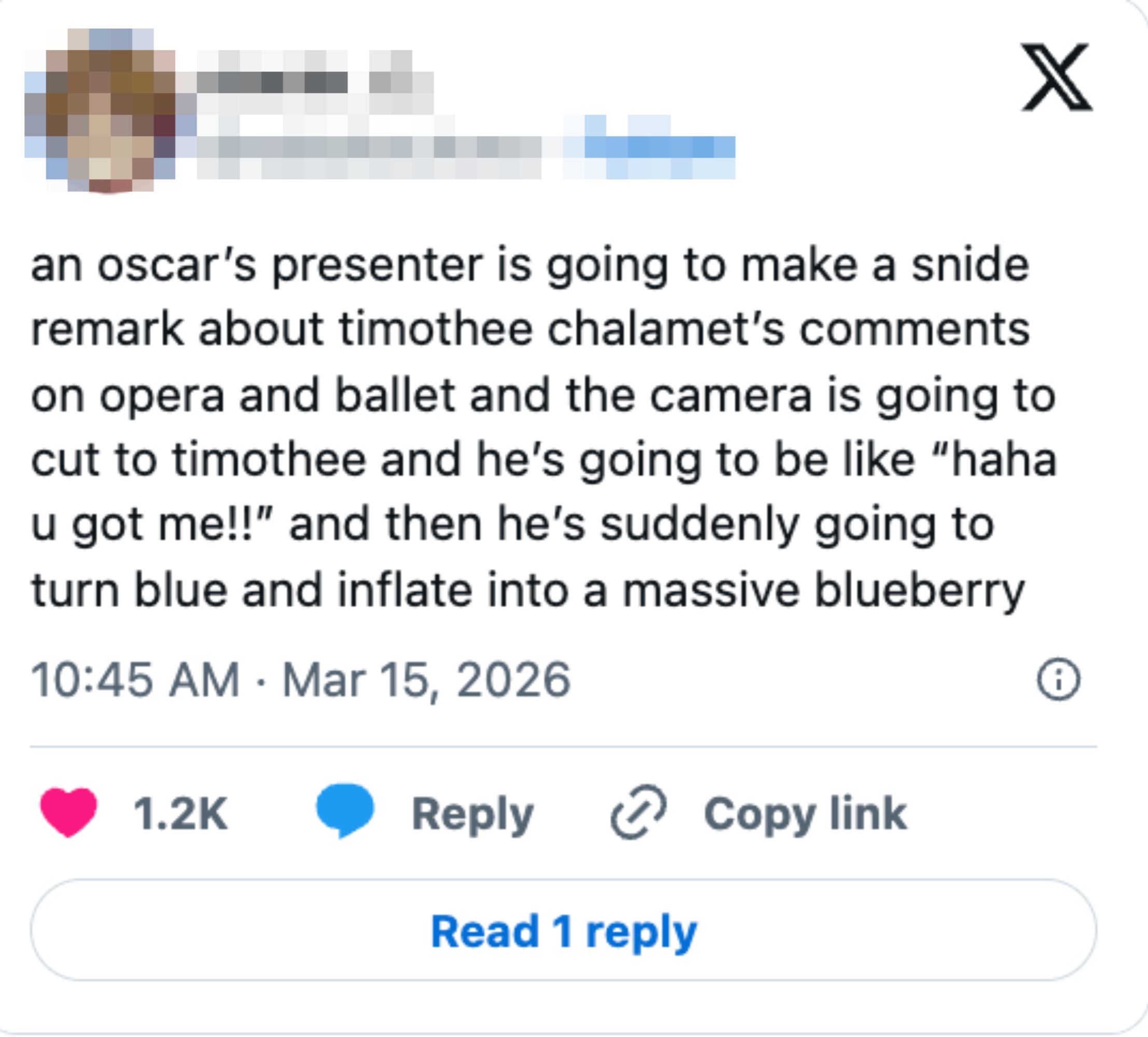 Tweet joking about a presenter mocking Timothée Chalamet at the Oscars, leading to a humorous blueberry transformation