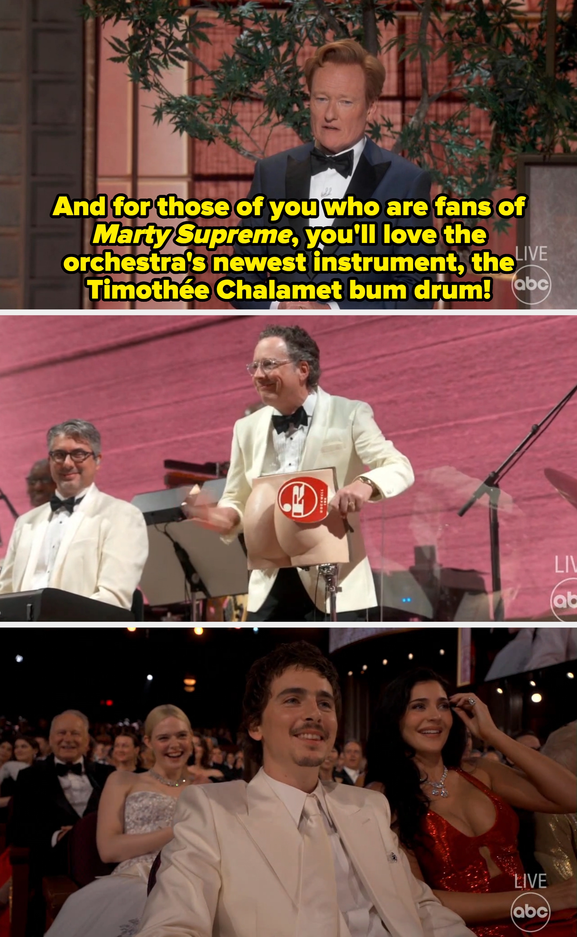 Conan n connected  signifier    humorously presents a "Timothée Chalamet bum drum" arsenic  audience, including Timothée and Kylie, laughs astatine  an awards show