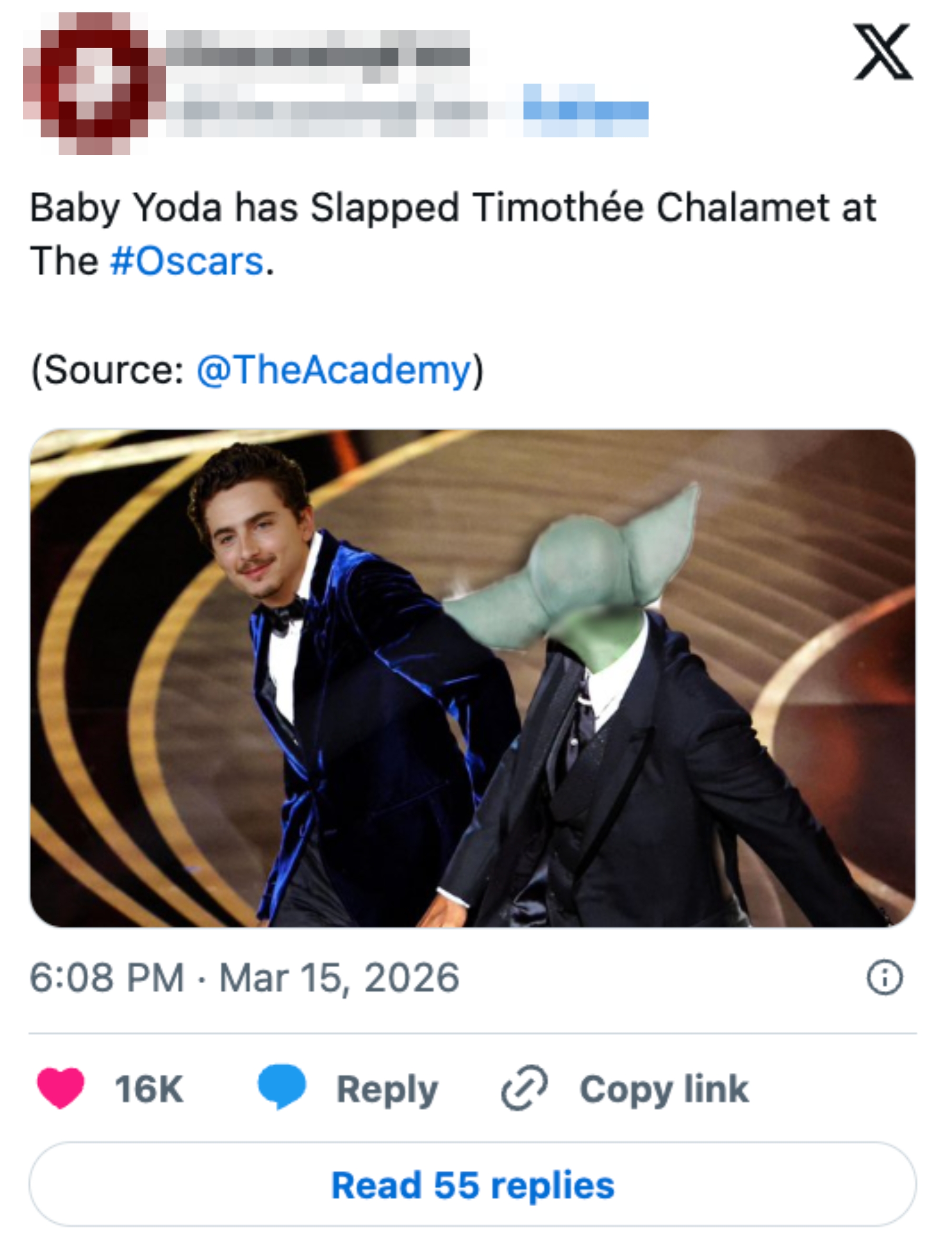 Image of a tweet with humor: "Baby Yoda has slapped Timothée Chalamet at the Oscars," featuring a photoshopped image of Baby Yoda playfully interacting with Chalamet