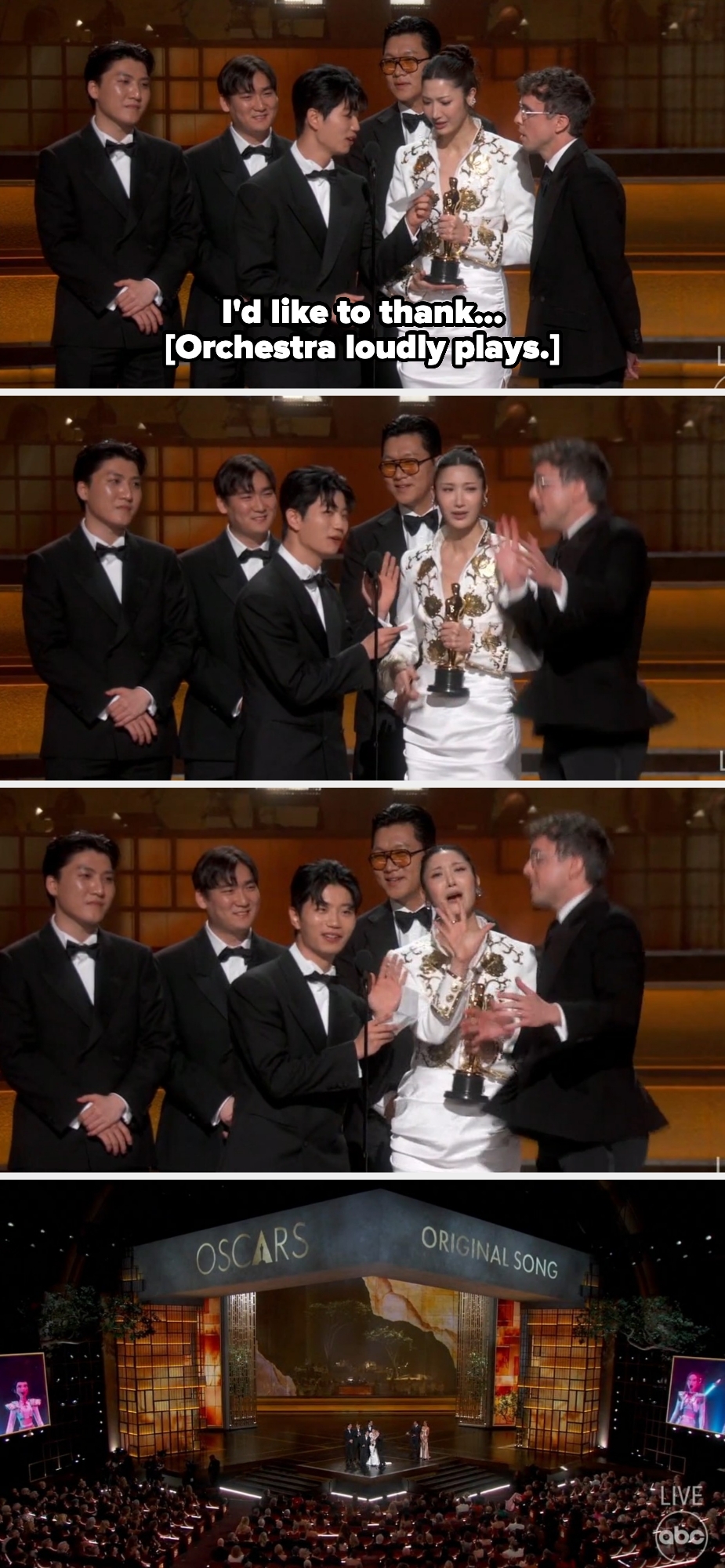 a antheral   starts to say, "I'd similar  to thank" erstwhile   the orchestra starts playing loudly.  Ejae and the others awesome   for them to stop, but the camera zooms out, silencing them