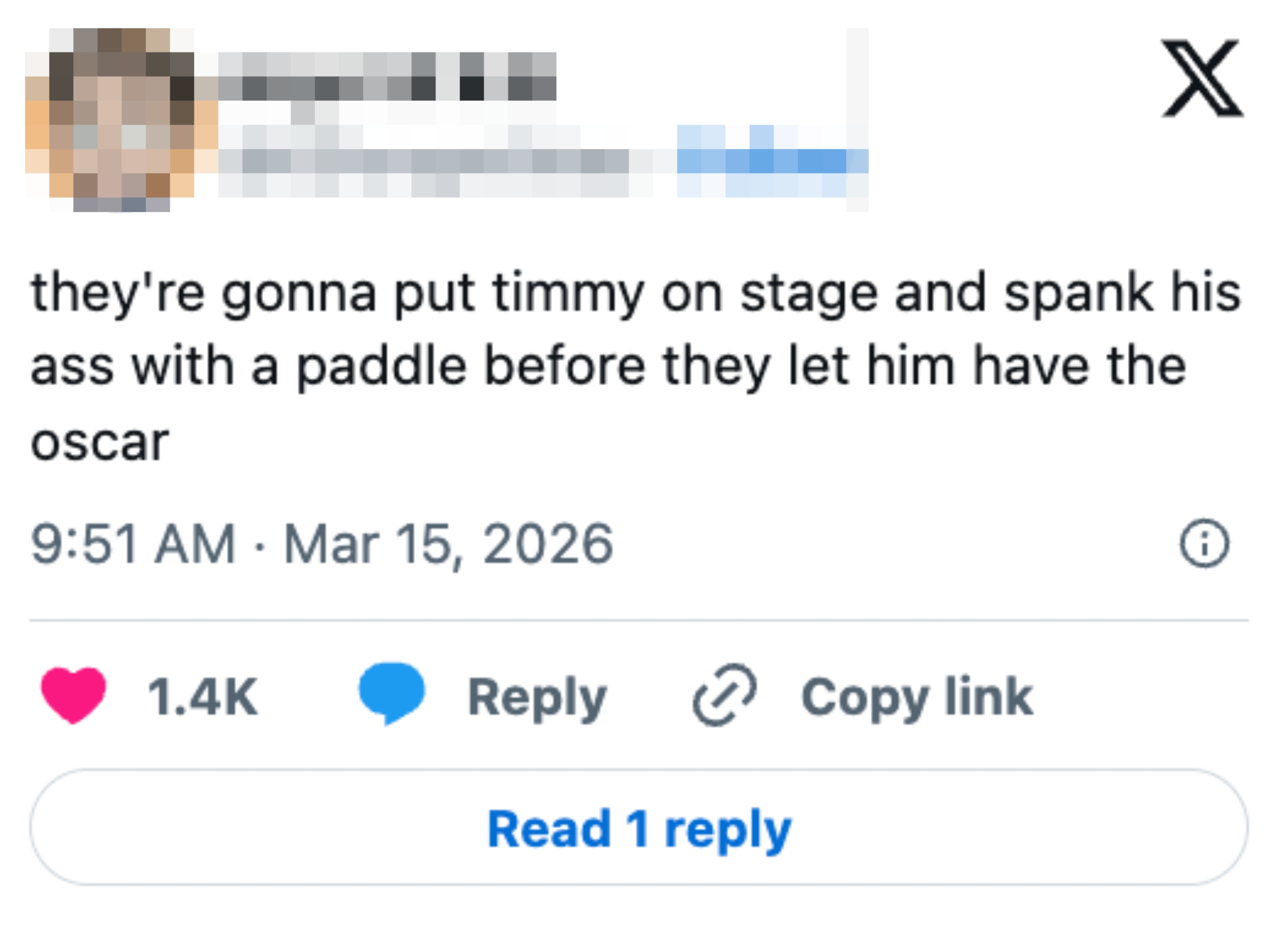Social media post joking about Timmy being spanked with a paddle on stage before receiving an Oscar