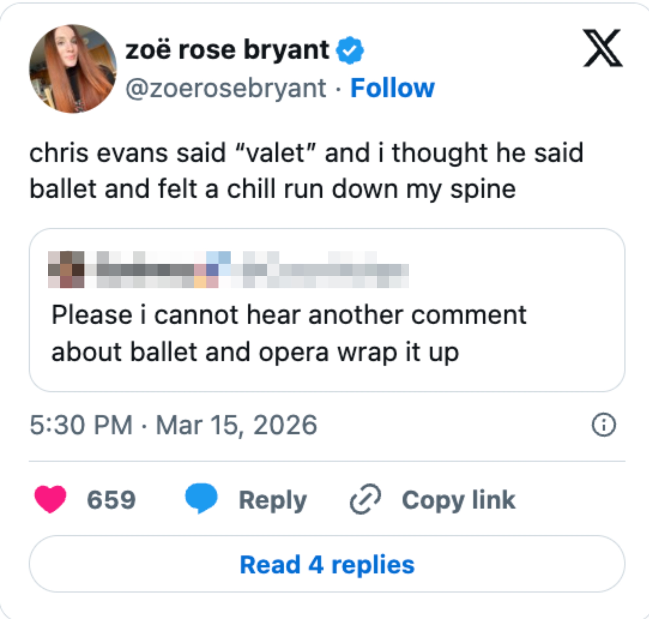 Tweet by zoë rose bryant: "Chris Evans said 'valet' and I thought he said 'ballet' and felt a chill down my spine." Sydney replies: "Please, no more comments about ballet and opera."