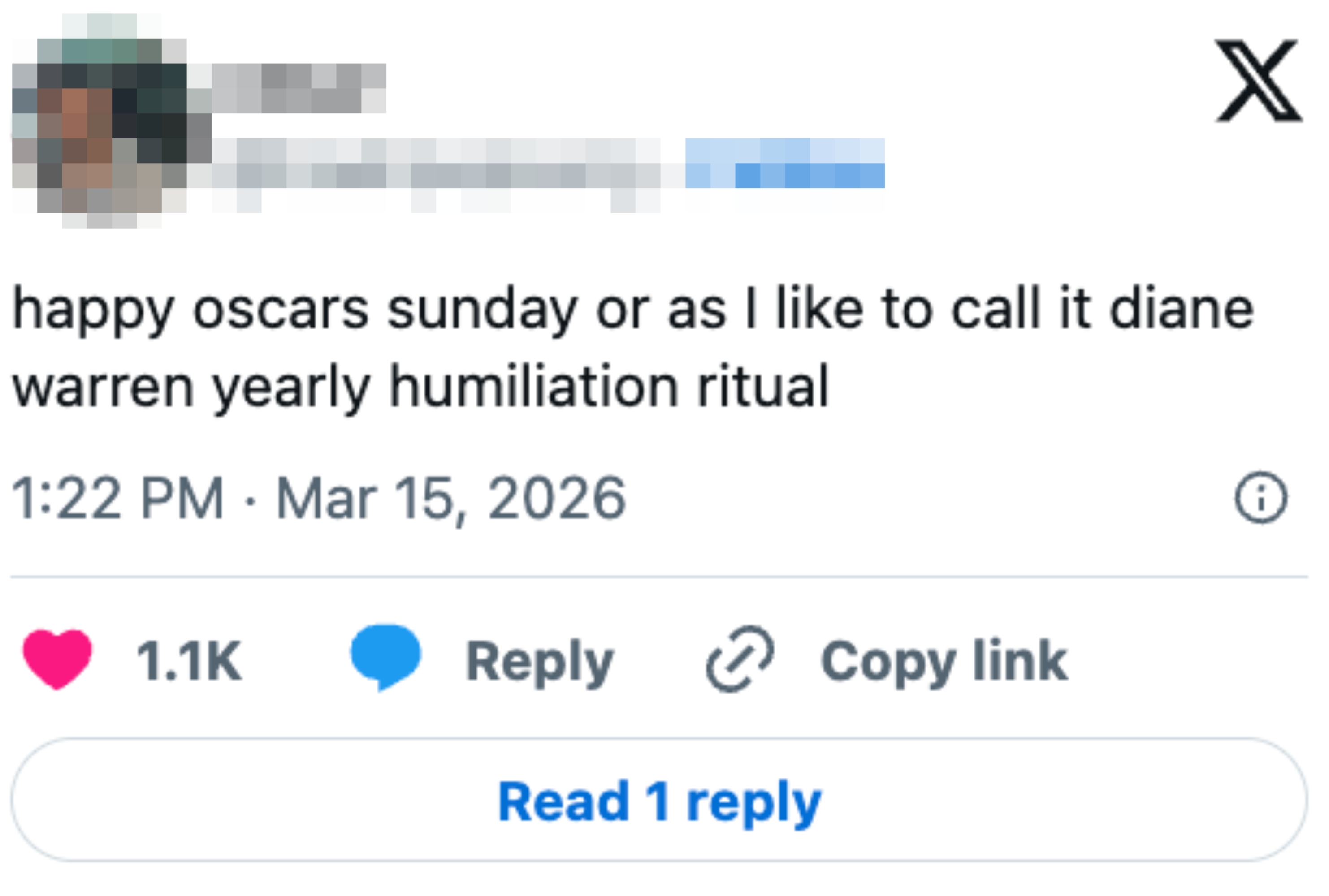 A social media post humorously refers to the Oscars as Diane Warren's "yearly humiliation ritual."