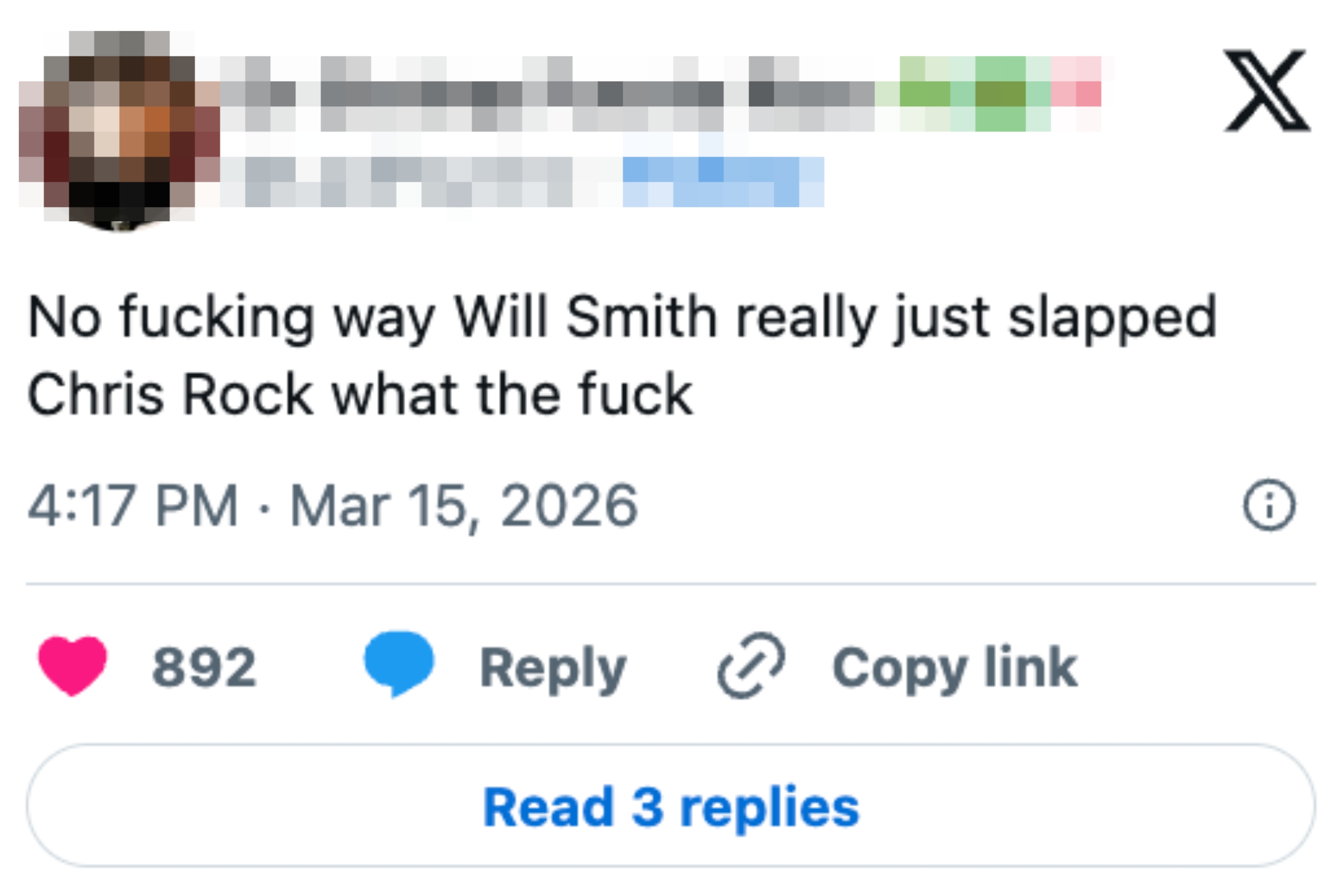 Tweet expressing shock over Will Smith allegedly slapping Chris Rock. Includes engagement stats