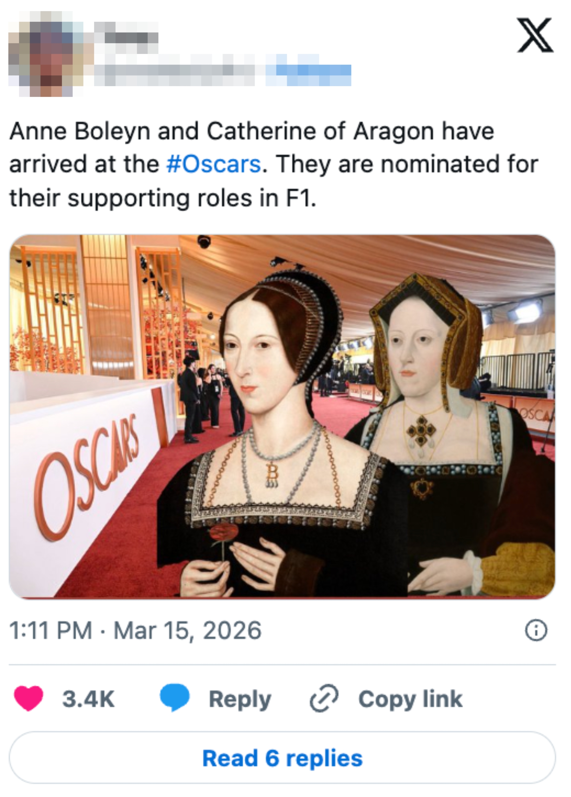 Two people depicted as Anne Boleyn and Catherine of Aragon stand on a red carpet at the Oscars. The banner mentions their nominations for roles in "F1."