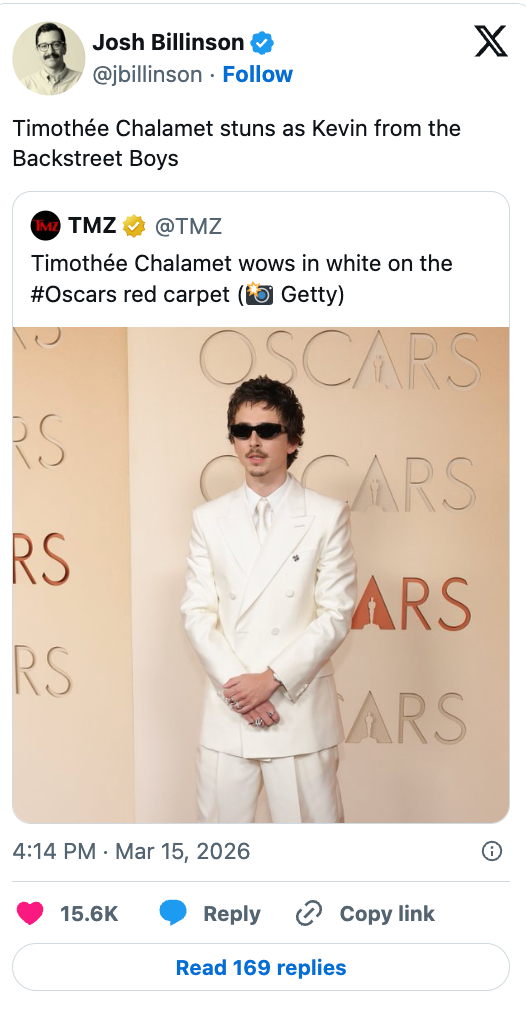 Tweet by Josh Billinson about Timothée Chalamet's red carpet look at the Oscars, comparing him to a Backstreet Boys member