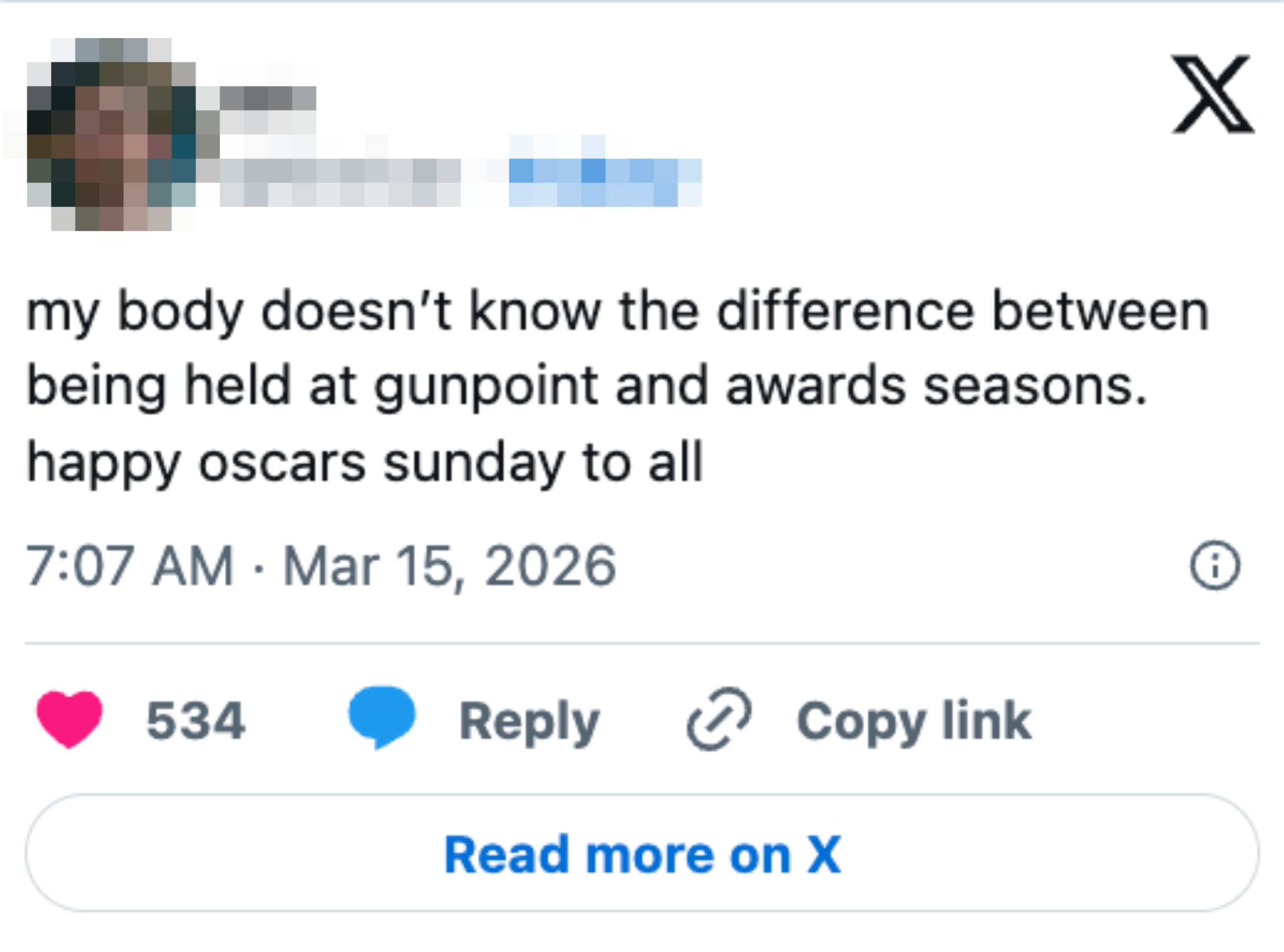 Tweet humorously compares awards season to a high-stress situation, wishing everyone a happy Oscars Sunday