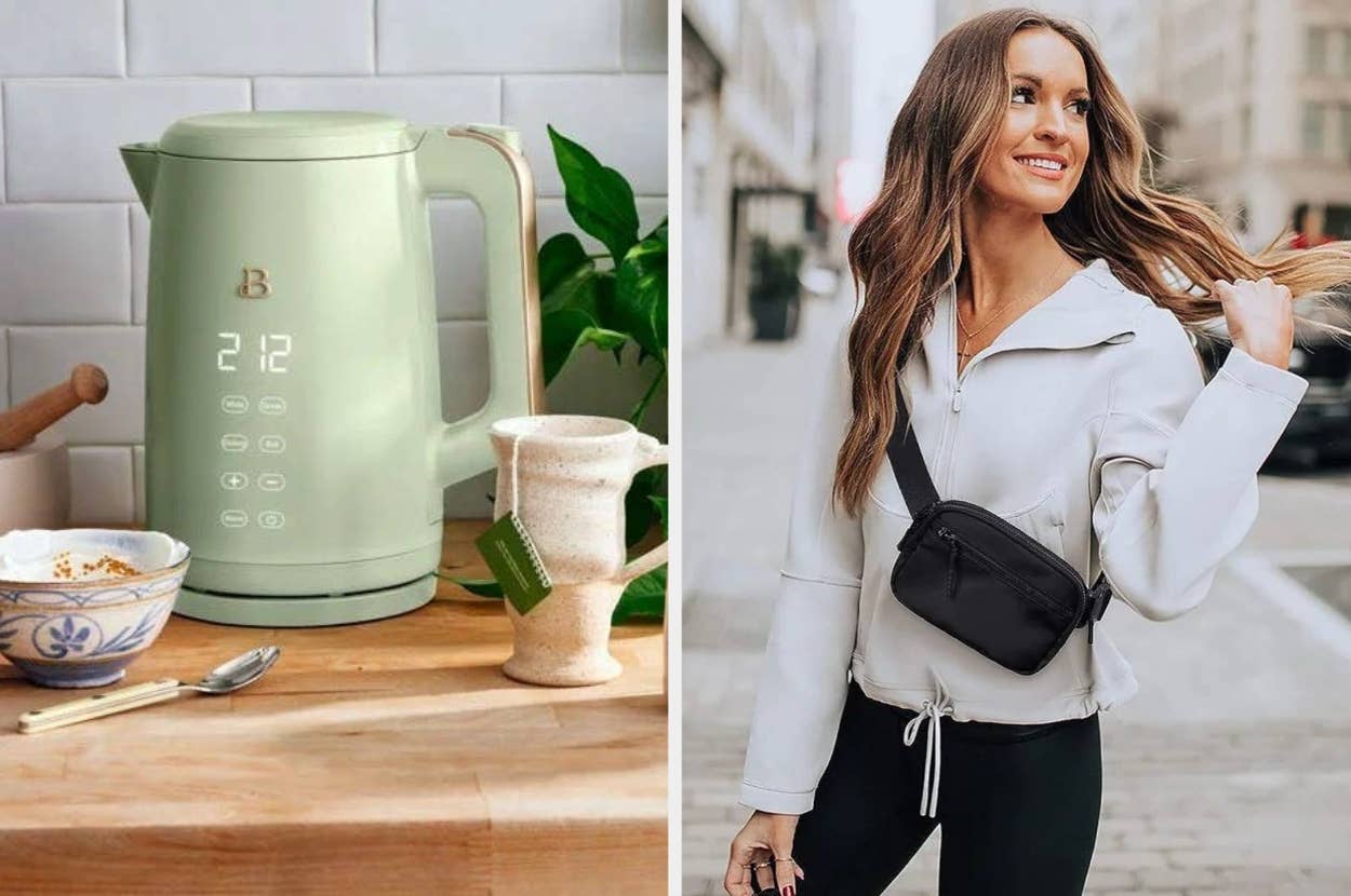 A modern electric kettle on a kitchen counter beside a smiling woman on the street wearing a casual white jacket and black crossbody bag