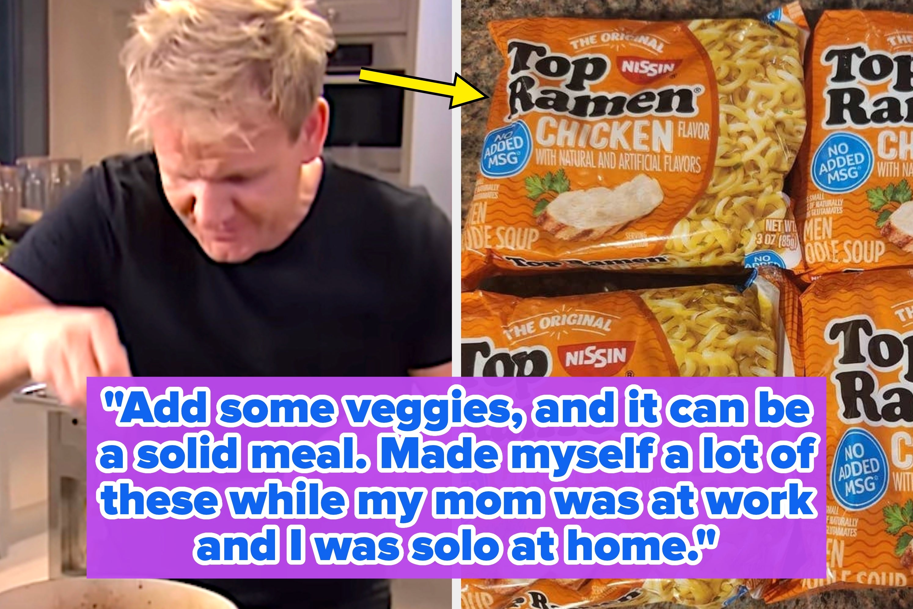 Chef cooking next to Top Ramen chicken flavor packages, with a quote about adding veggies to make a solid meal alone at home