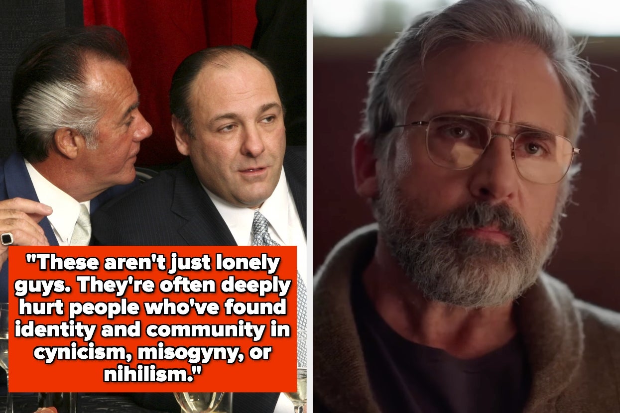 Side-by-side image: Left shows two men sitting together; right shows a man with glasses. Overlaid text discusses themes of cynicism, misogyny, and nihilism