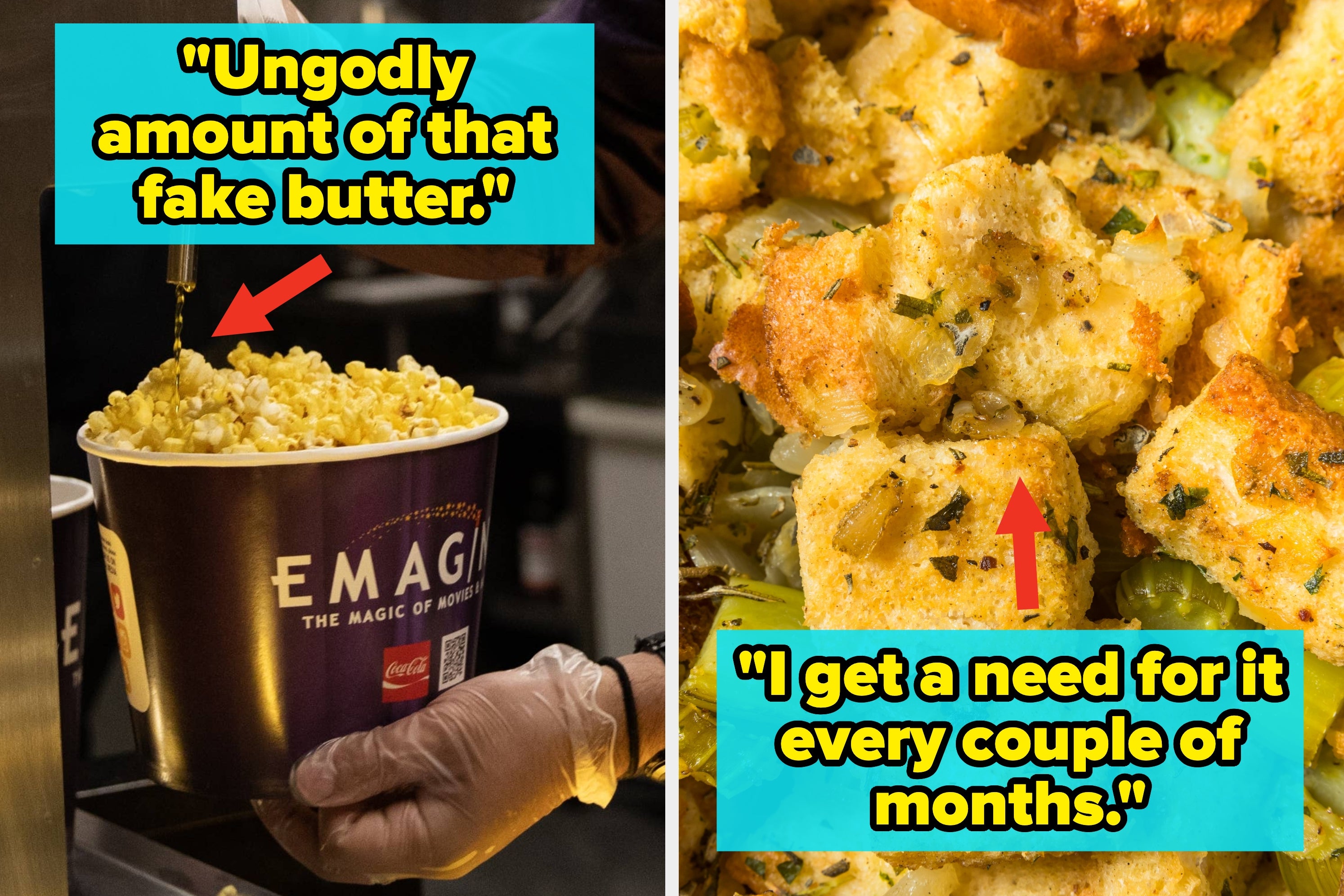 Left: Person fills a popcorn bucket from a machine. Right: Close-up of seasoned stuffing with celery pieces