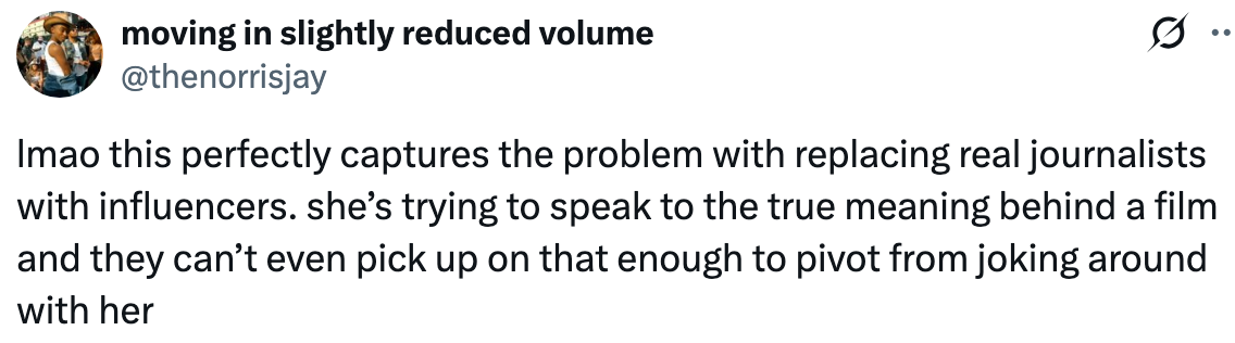 Tweet criticizing influencers replacing journalists, noting they miss deeper meanings successful films compared to journalists