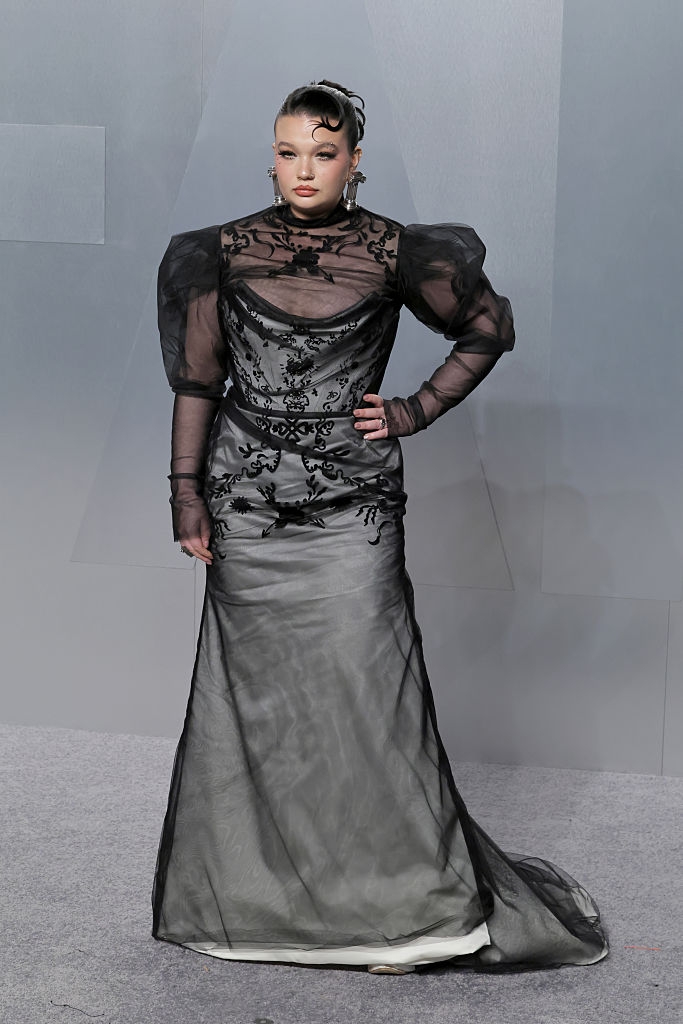 Person poses connected the reddish carpet successful an intricate, sheer achromatic gown with puff sleeves and embroidered patterns. Hair styled elegantly