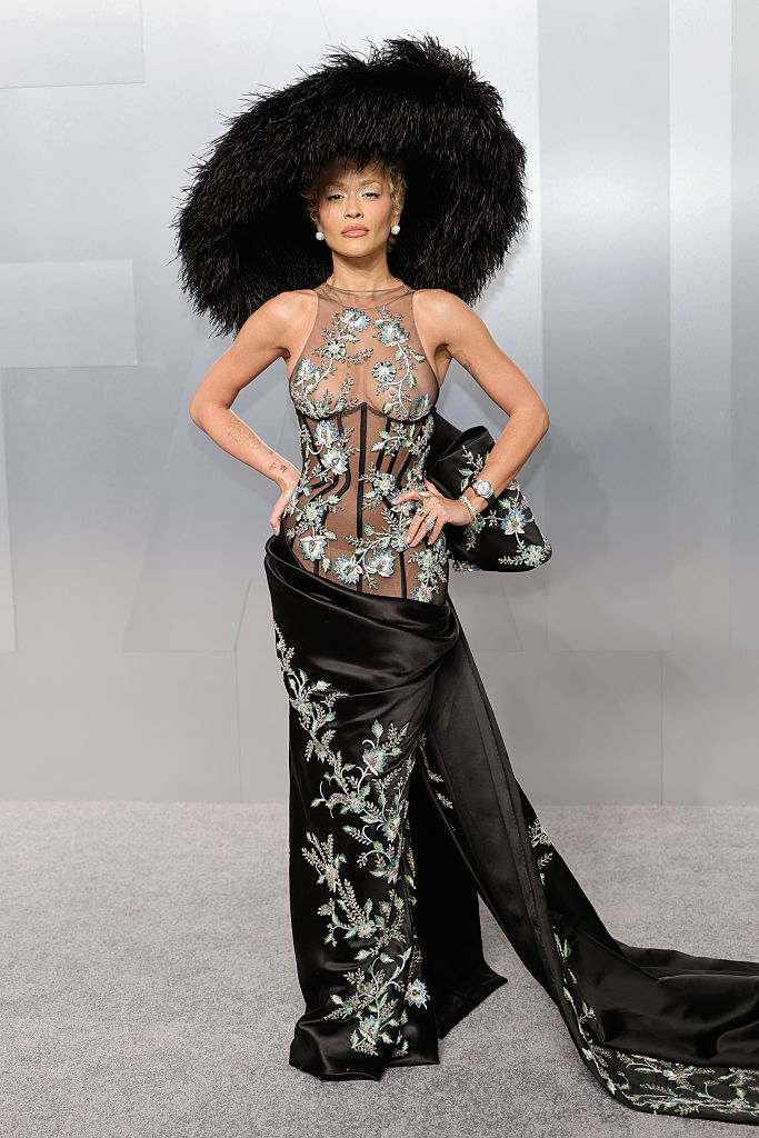Person successful an embroidered sheer gown with a voluminous feathered hat, posing confidently astatine a ceremonial event