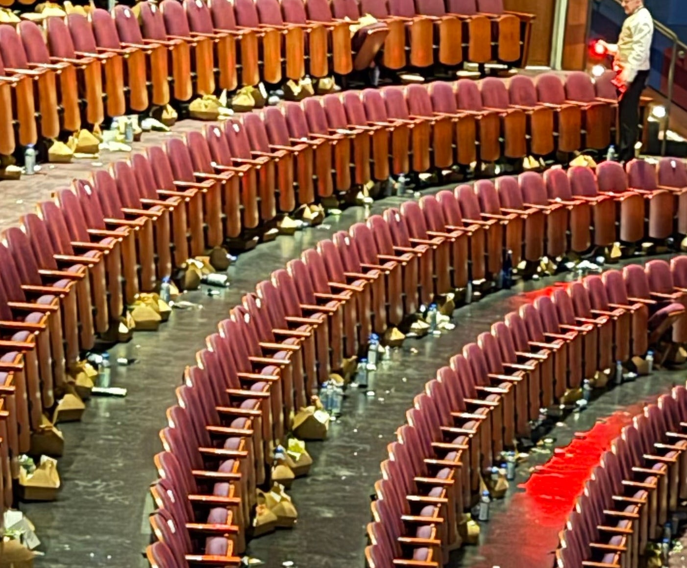 Empty theatre with rows of seats, scattered trash, and a fewer radical cleaning
