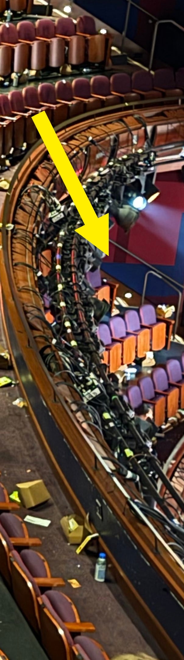 Empty theatre with rows of seats, scattered trash, and a fewer radical cleaning