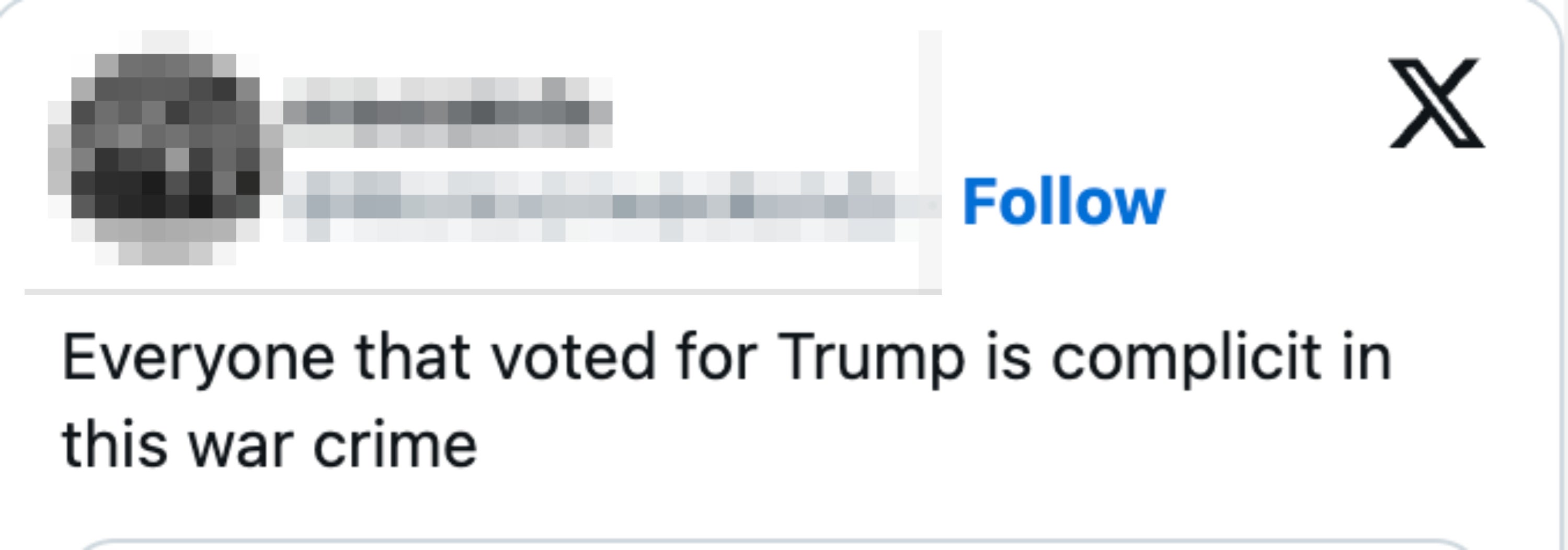 Tweet av brukeren @Monconweekends: "Alle som stemte på Trump er medskyldige i denne krigsforbrytelsen."