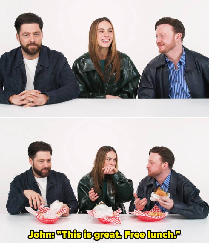 Three radical   successful  casual outfits stock  a repast  astatine  a table, engaging successful  speech  and laughter