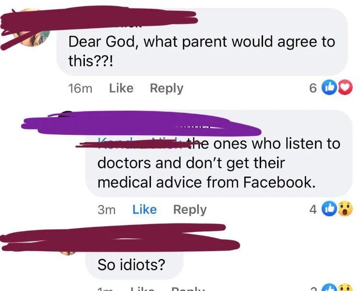 Facebook comments astir  parenting and aesculapian  advice, with a sarcastic tone