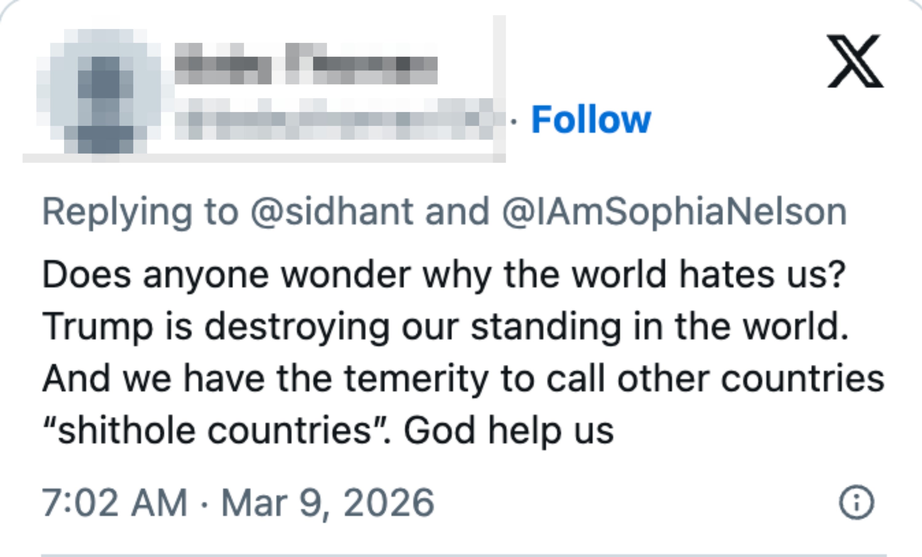 Tweet som uttrykker bekymring for global oppfatning og kritiserer Trump, og nevner