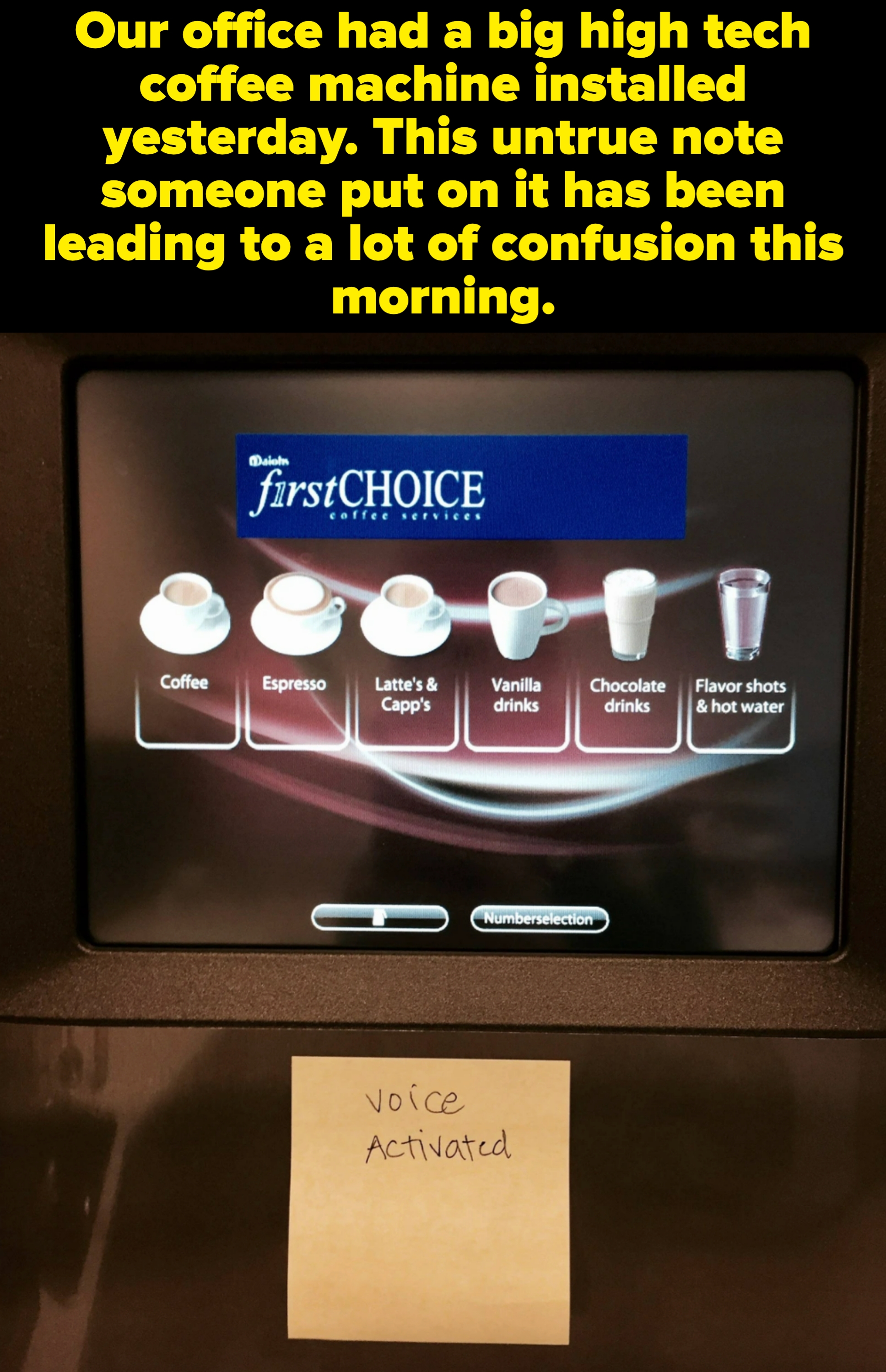  Coffee, Espresso, Latte &amp;amp; Cappuccino, Vanilla, Chocolate, Flavor Shots. Note beneath  says, "Voice Activated."