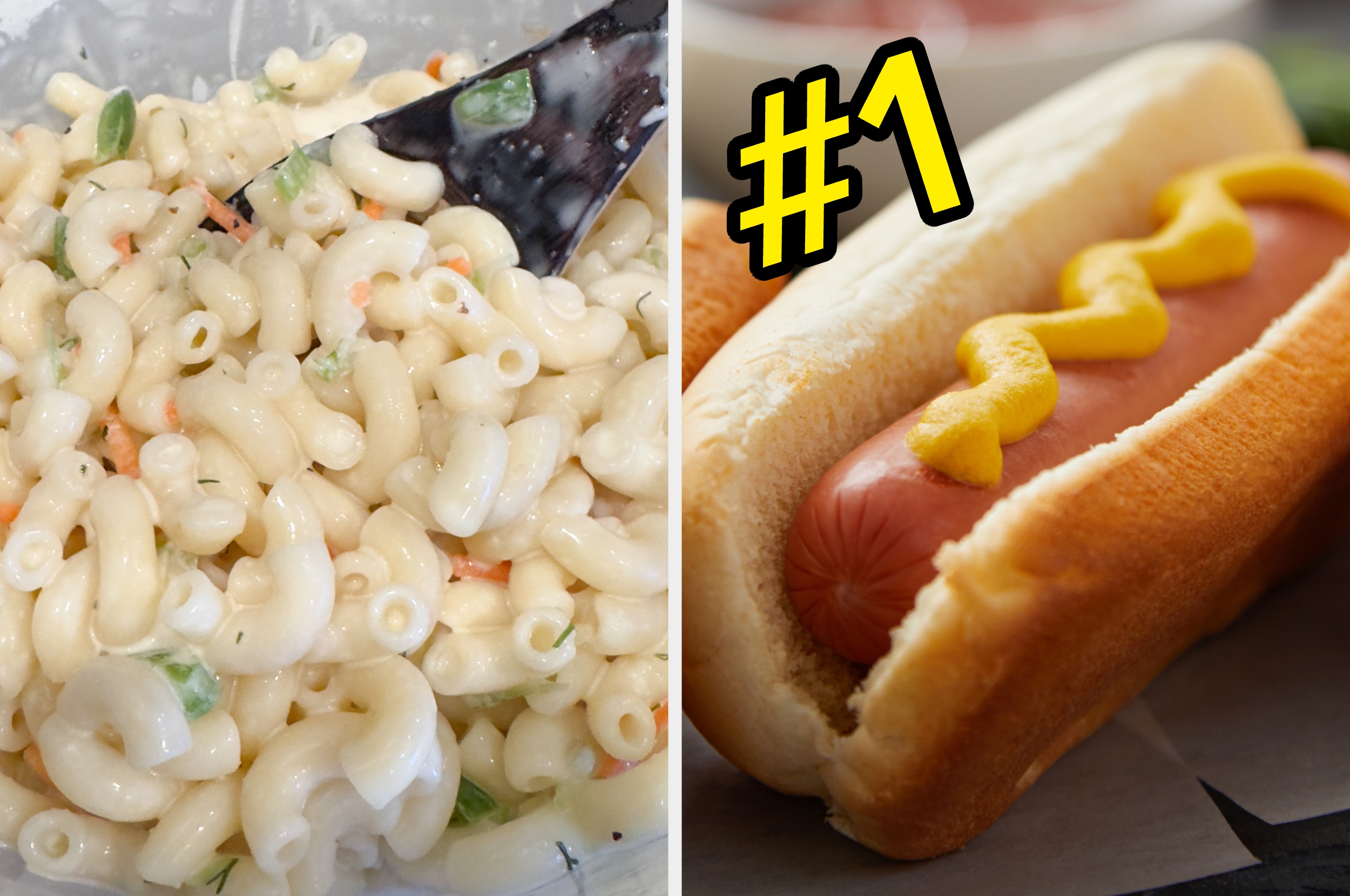 Macaroni salad and a hot dog with mustard, labeled as "#1," suggesting a choice or ranking between the two foods