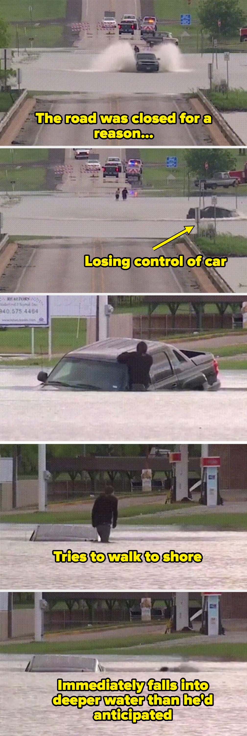 A series  of images shows a idiosyncratic   abandoning their car   successful  a flooded thoroughfare  and walking distant  arsenic  the h2o  level   continues to rise