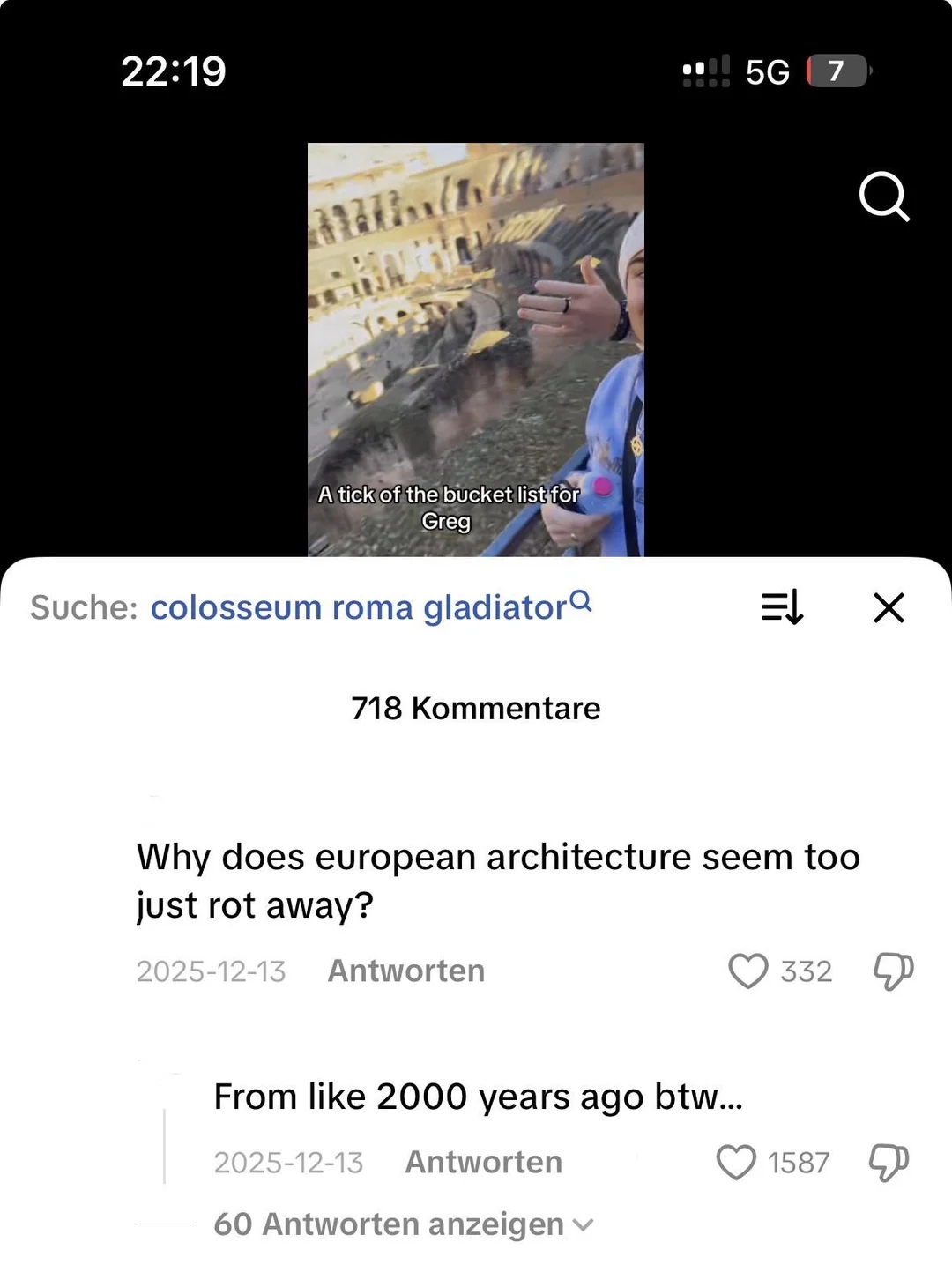 Screenshot of a TikTok station  and comments discussing past  European architecture