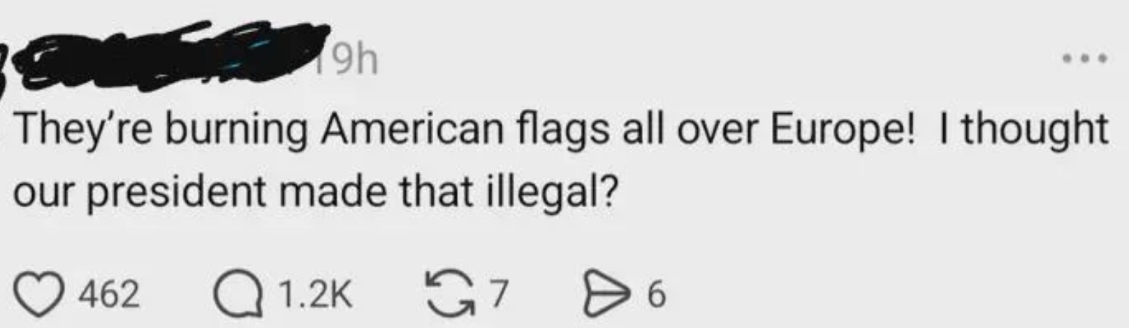 Social media station  questioning if burning American flags successful  Europe is illegal, with engagement metrics shown
