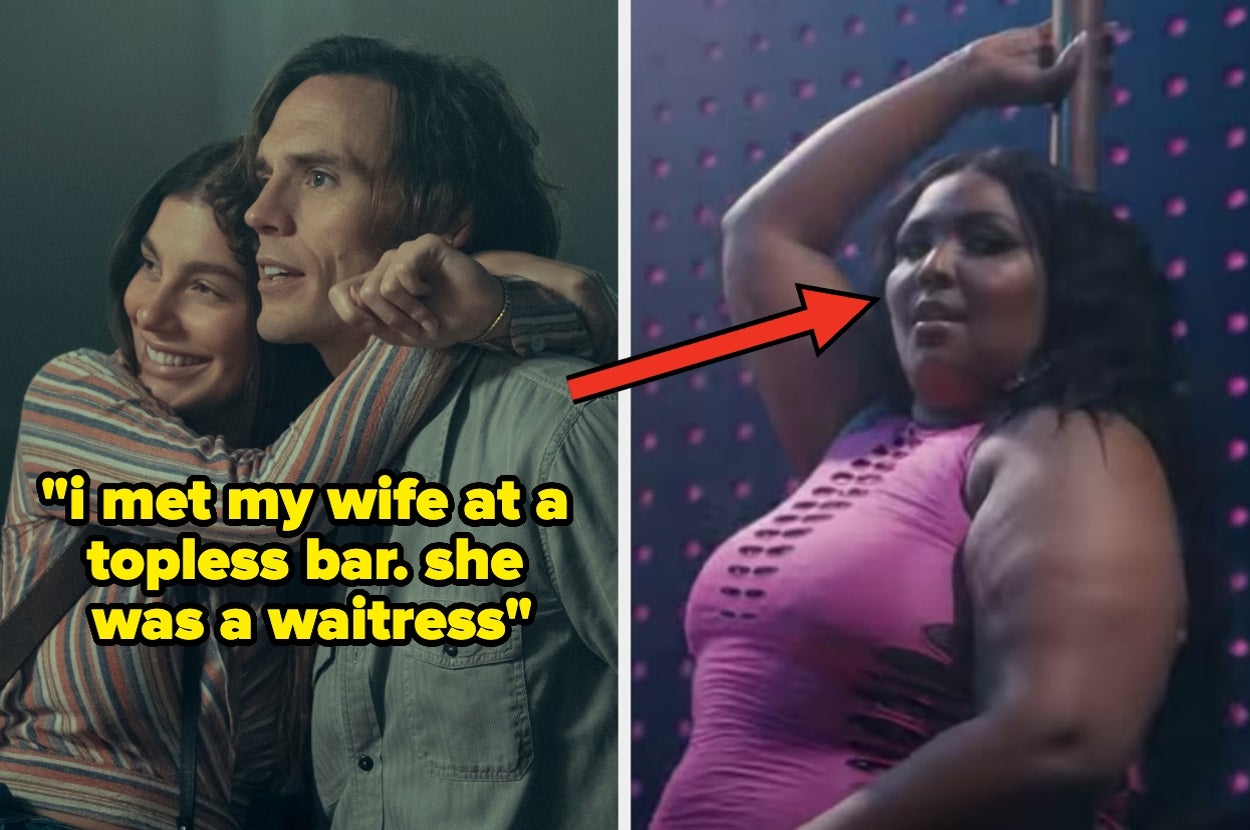 Two images: Left shows a couple embracing, right shows a person posing by a pole. Text: "i met my wife at a topless bar. she was a waitress"