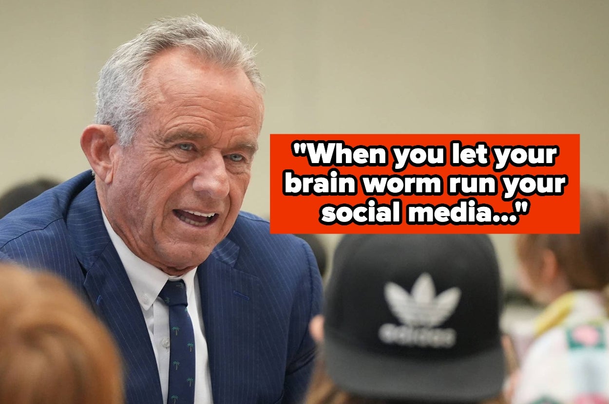 A person in a suit speaks to others; overlay text humorously notes social media mishaps