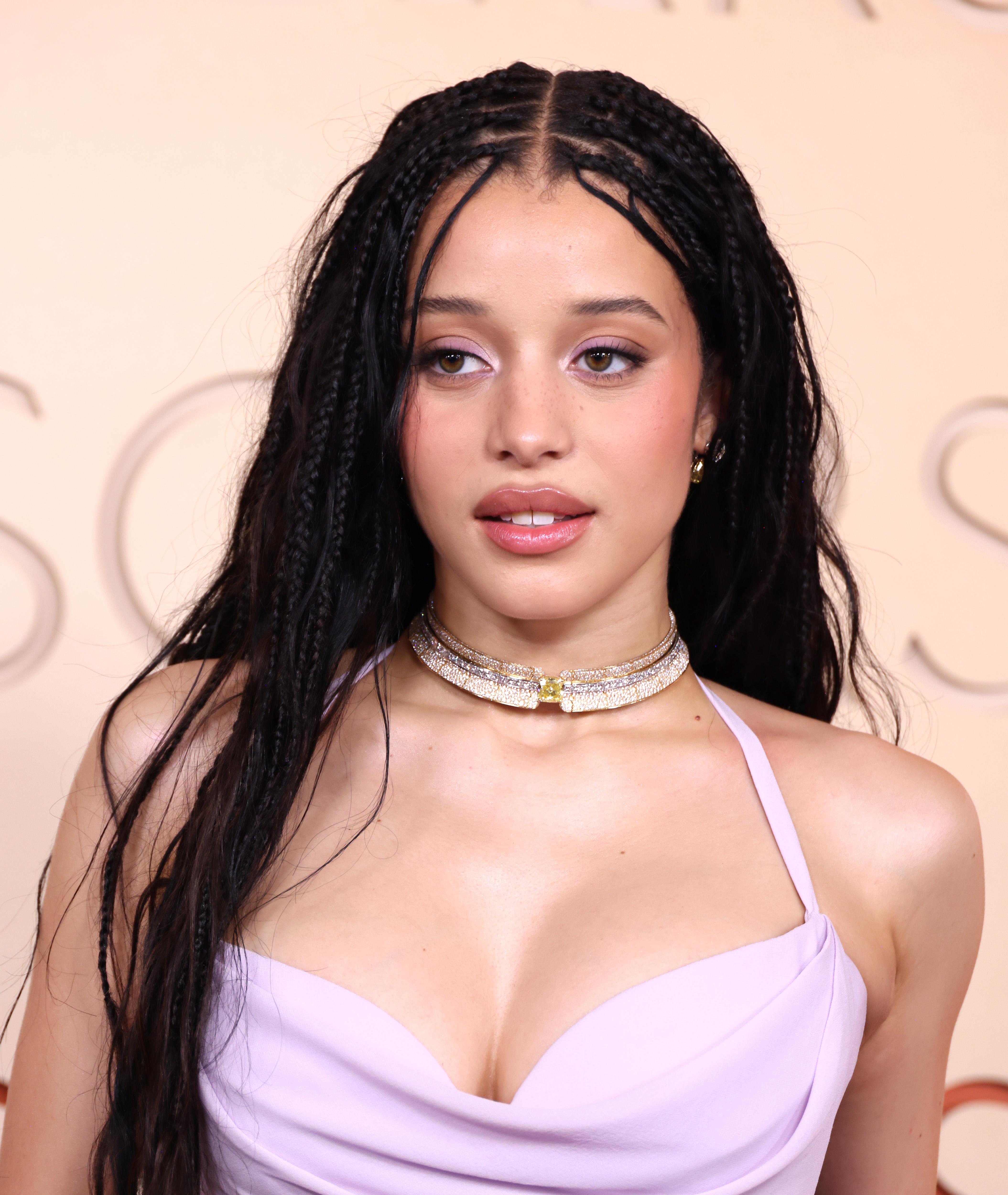 Person with braided hairsbreadth  successful  an elegant, sleeveless formal  connected  a reddish  carpet, wearing a connection    choker necklace