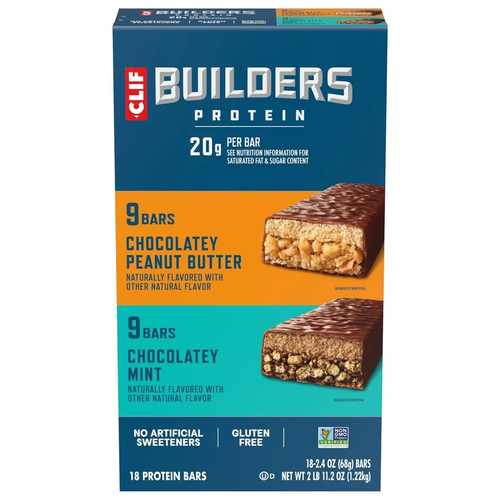 Clif Builders Protein Bars box with 9 chocolatey peanut butter and 9 chocolatey mint bars; no artificial sweeteners, gluten-free