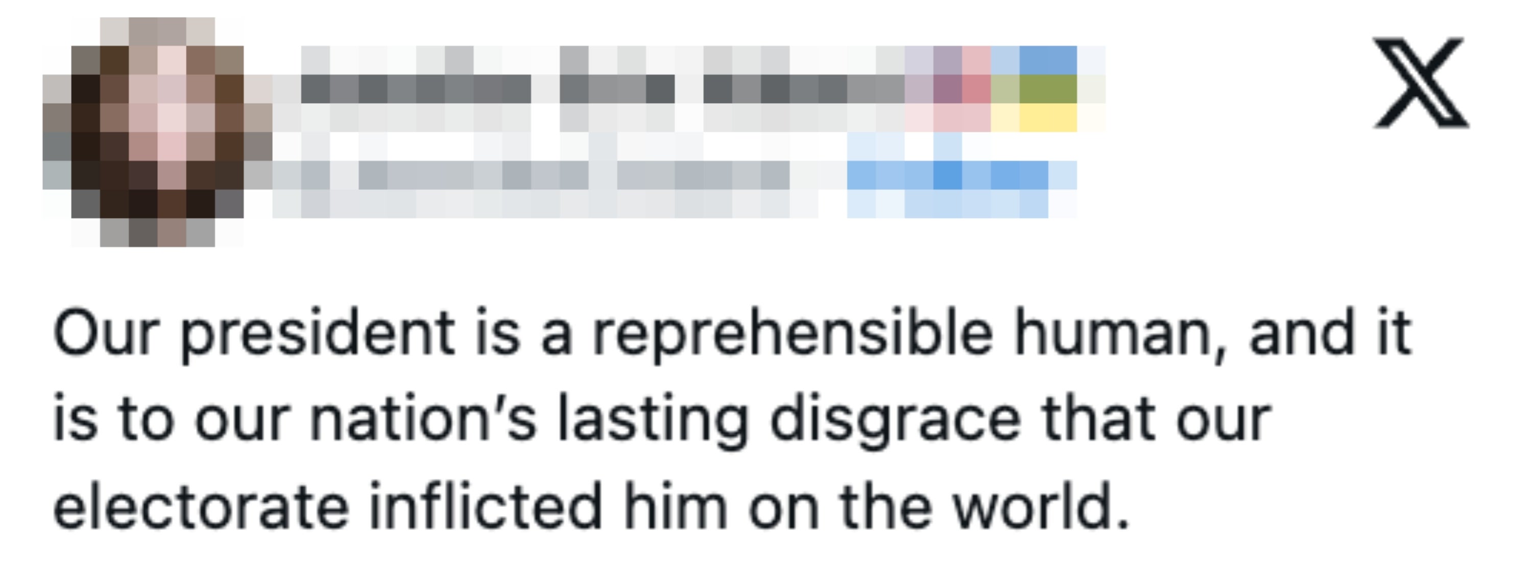 Tweet som kritiserer presidenten og uttrykker skam over velgernes valg.