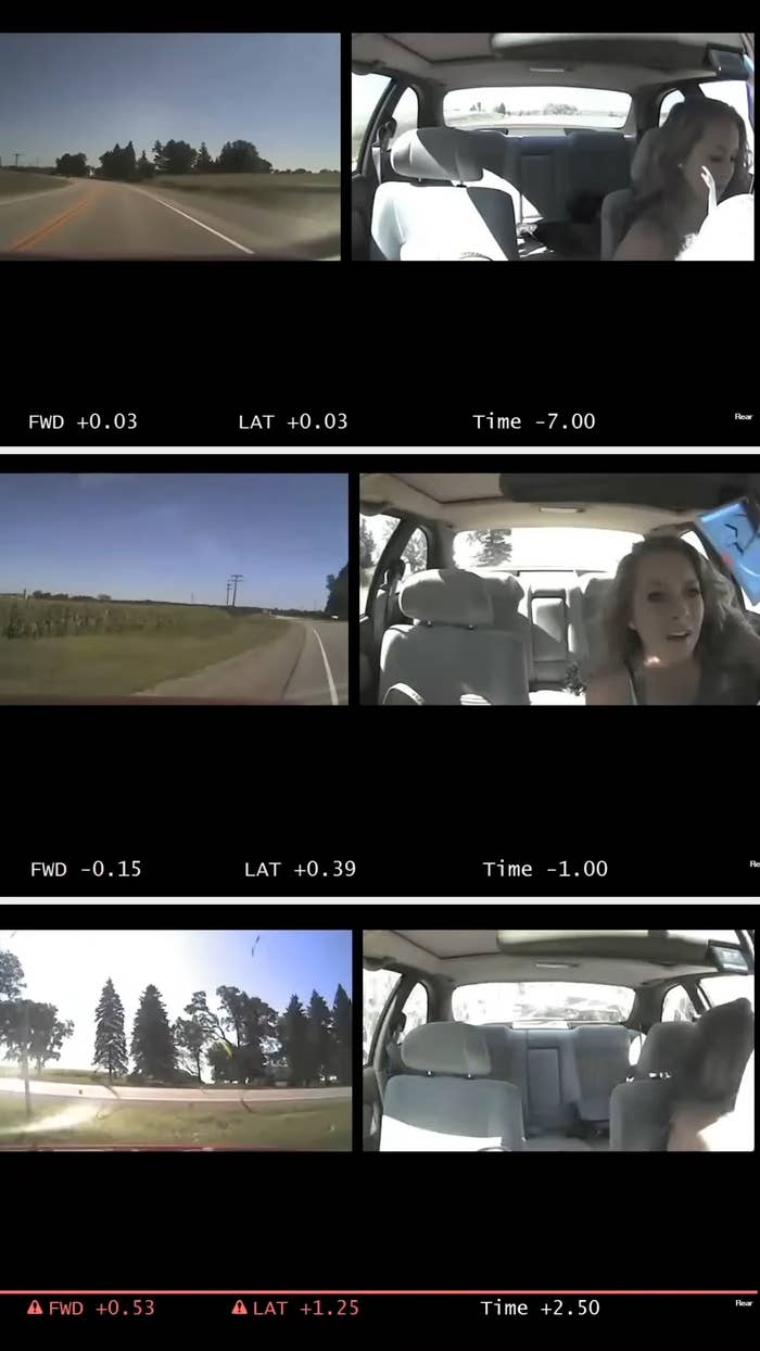 A car   interior with changing dashboard metrics, showing antithetic  moments and drivers' reactions portion    connected  the road