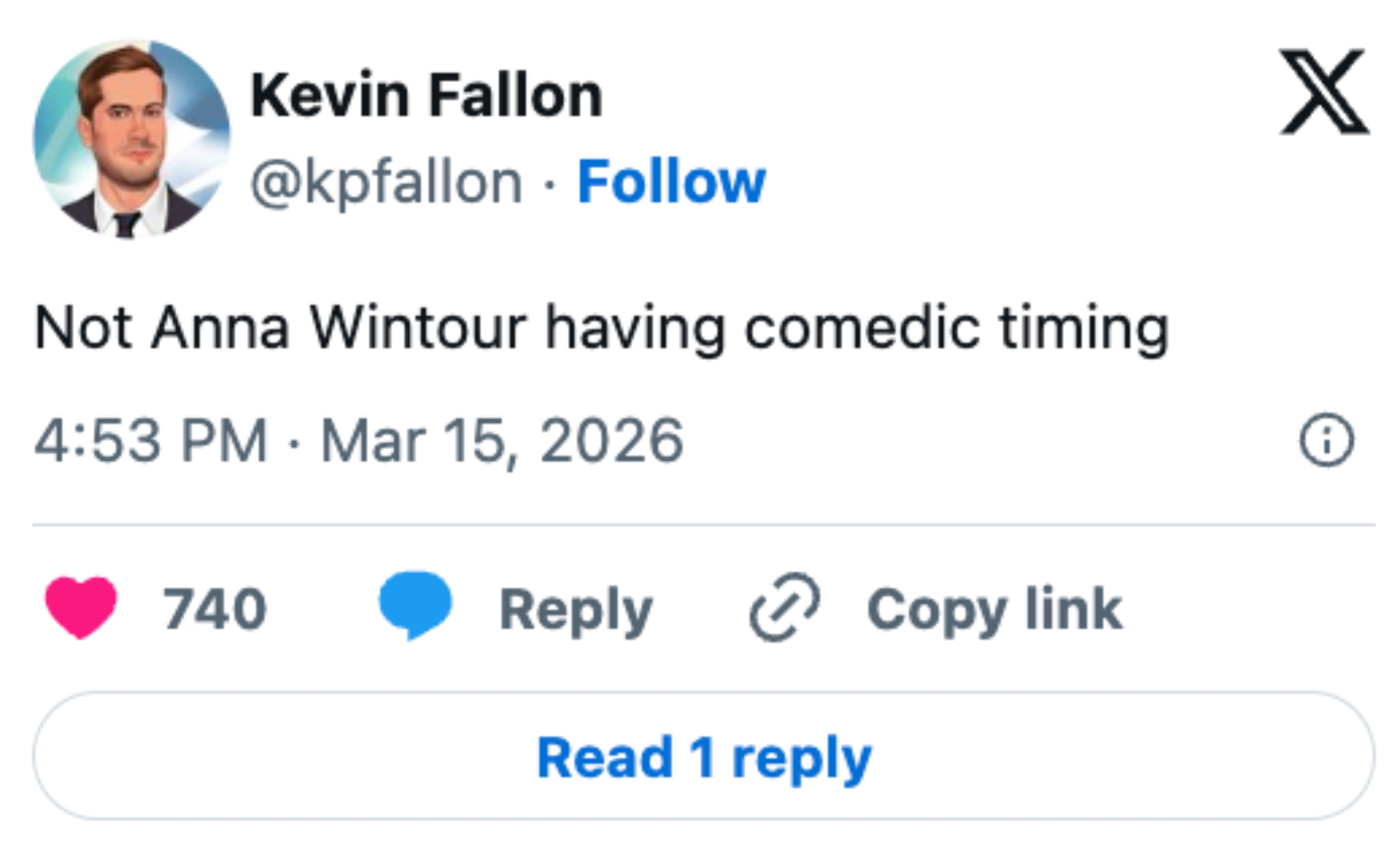 Social media post humorously comments on someone's comedic timing, dated March 15, 2026