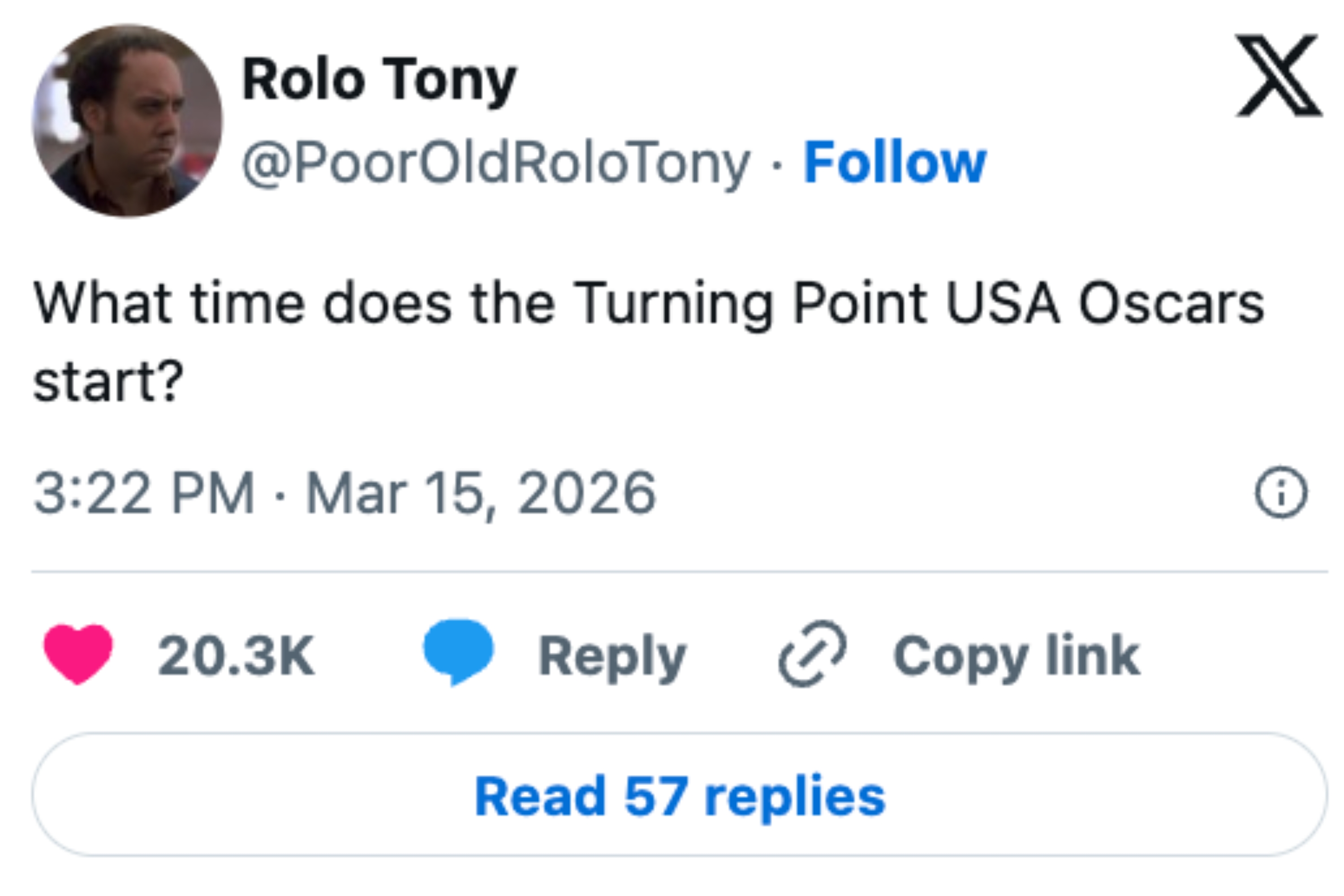 A tweet asking, "What time does the Turning Point USA Oscars start?" with engagement details and date March 15, 2026