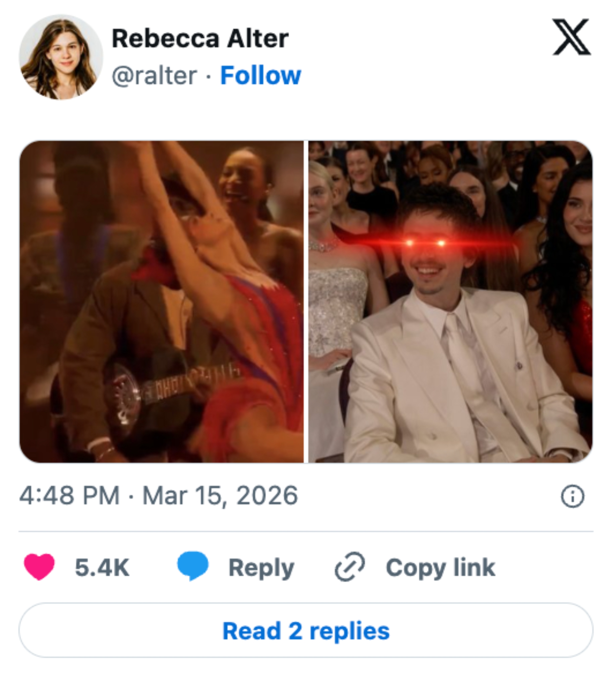 A meme with two images: a woman in a red dress dancing. In the second, a man in a white suit with red glowing eyes sits at a formal event