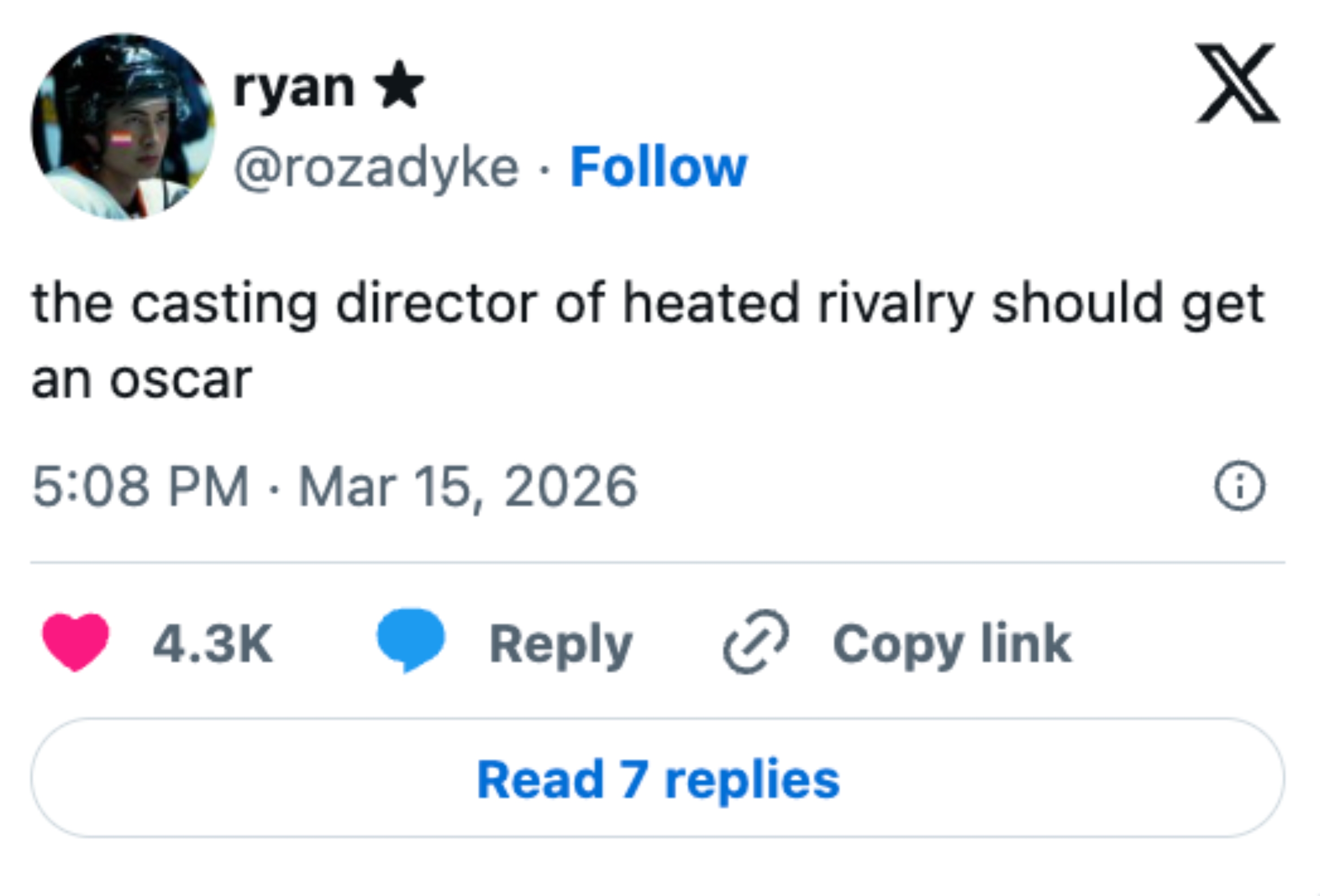 Social media post, suggesting the casting director for "Heated Rivalry" deserves an Oscar