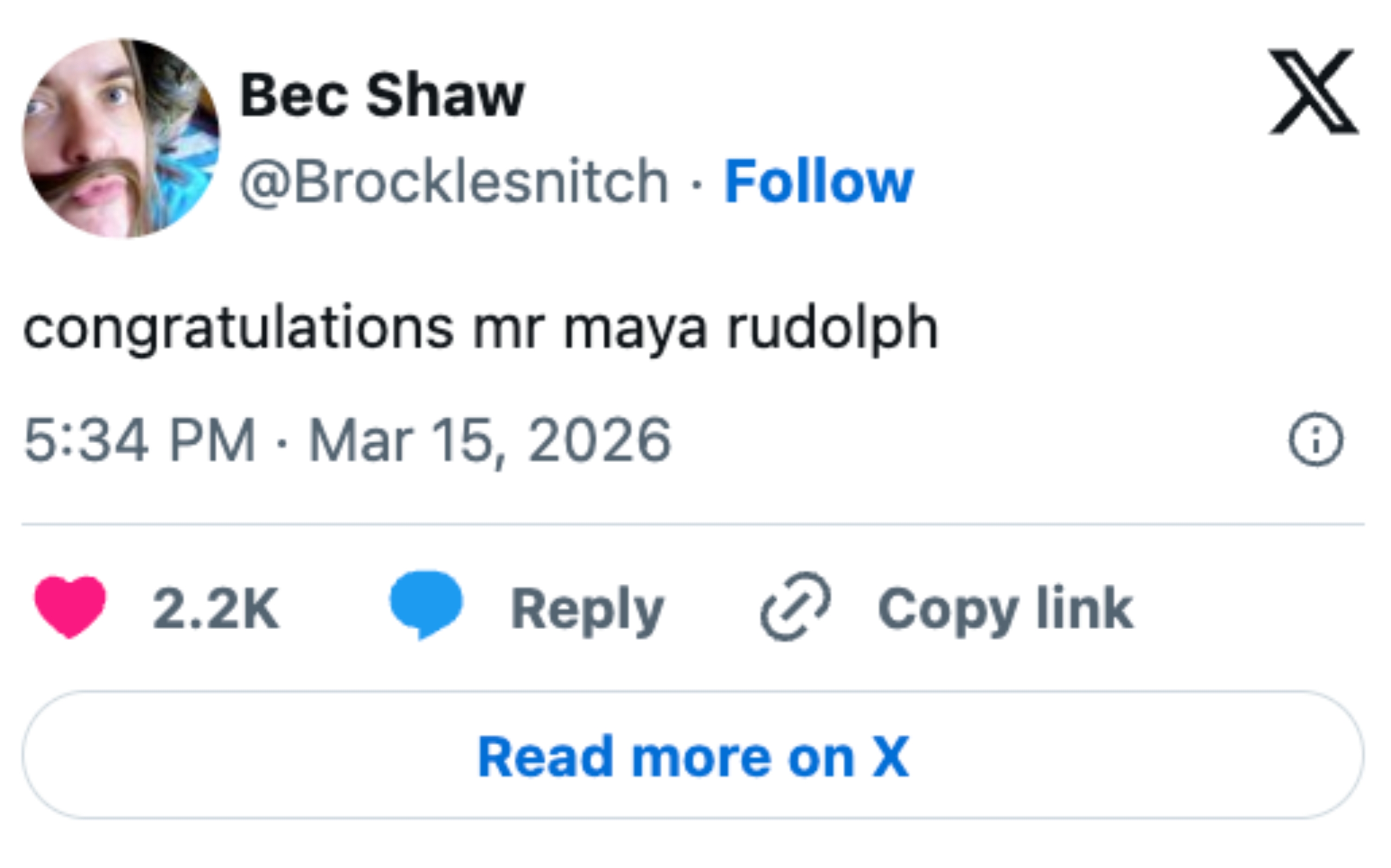 Tweet congratulating "mr maya rudolph," posted on March 15, 2026, with 2.2K likes