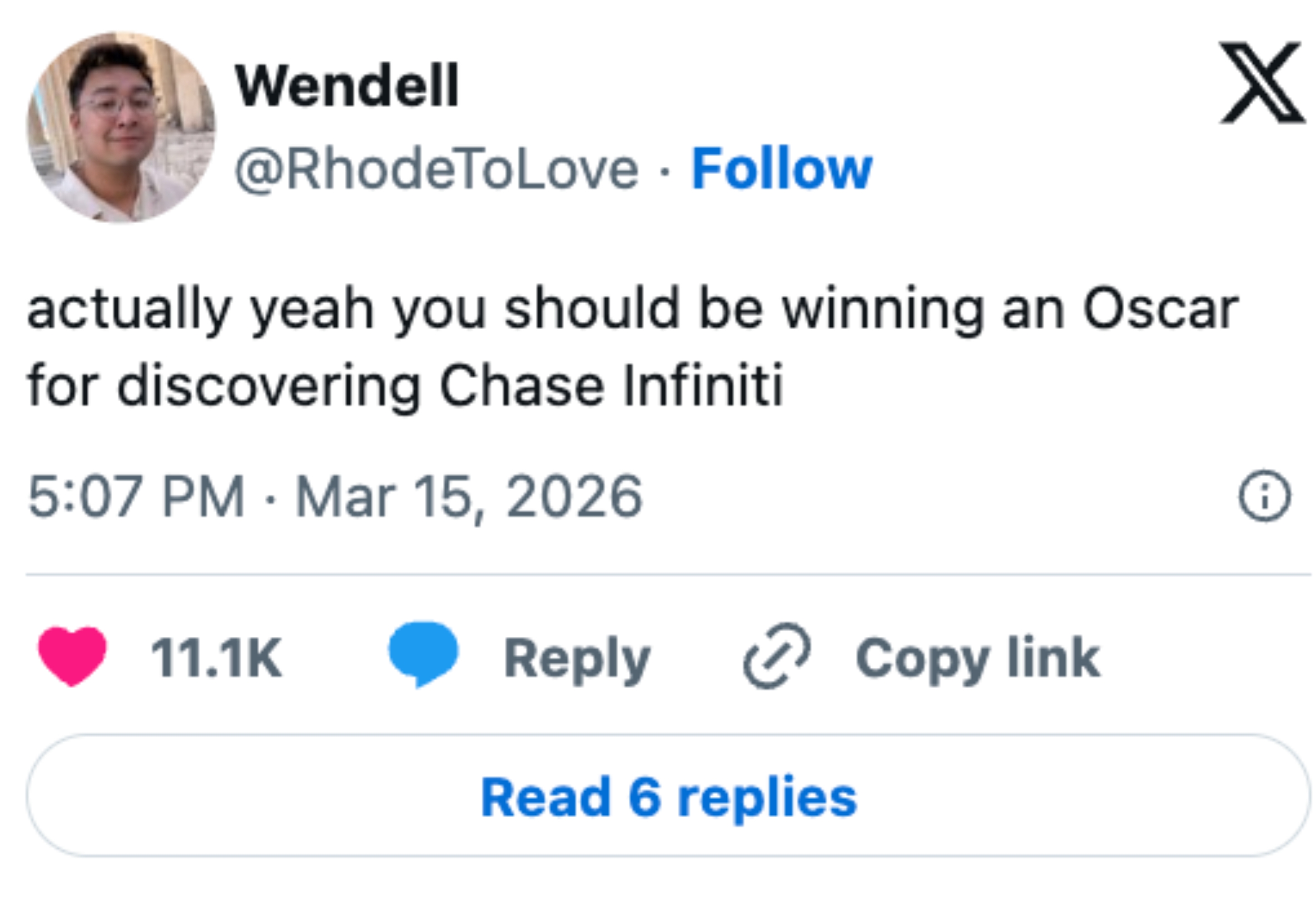 Tweet: "actually yeah you should be winning an Oscar for discovering Chase Infiniti."