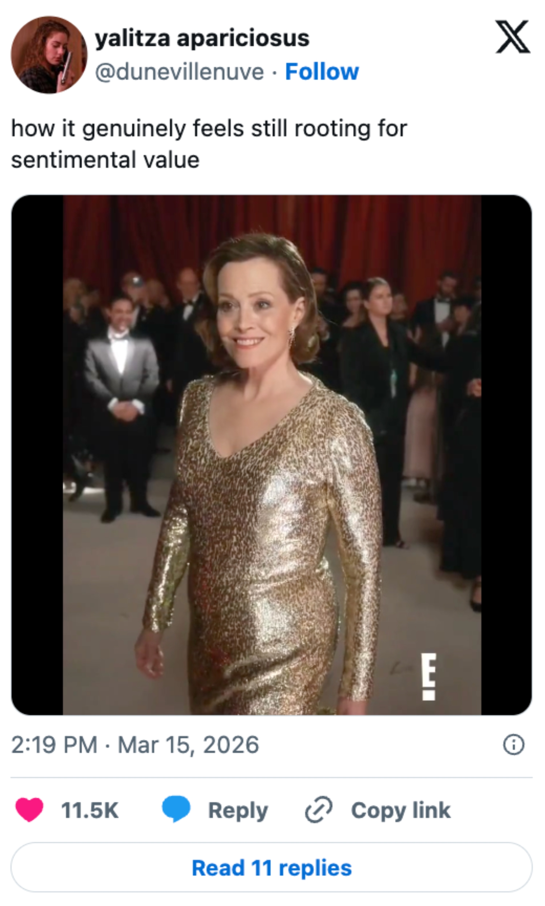Person in a glittering gown smiles on a red carpet, people and cameras in background. Caption: "how it genuinely feels still rooting for sentimental value."