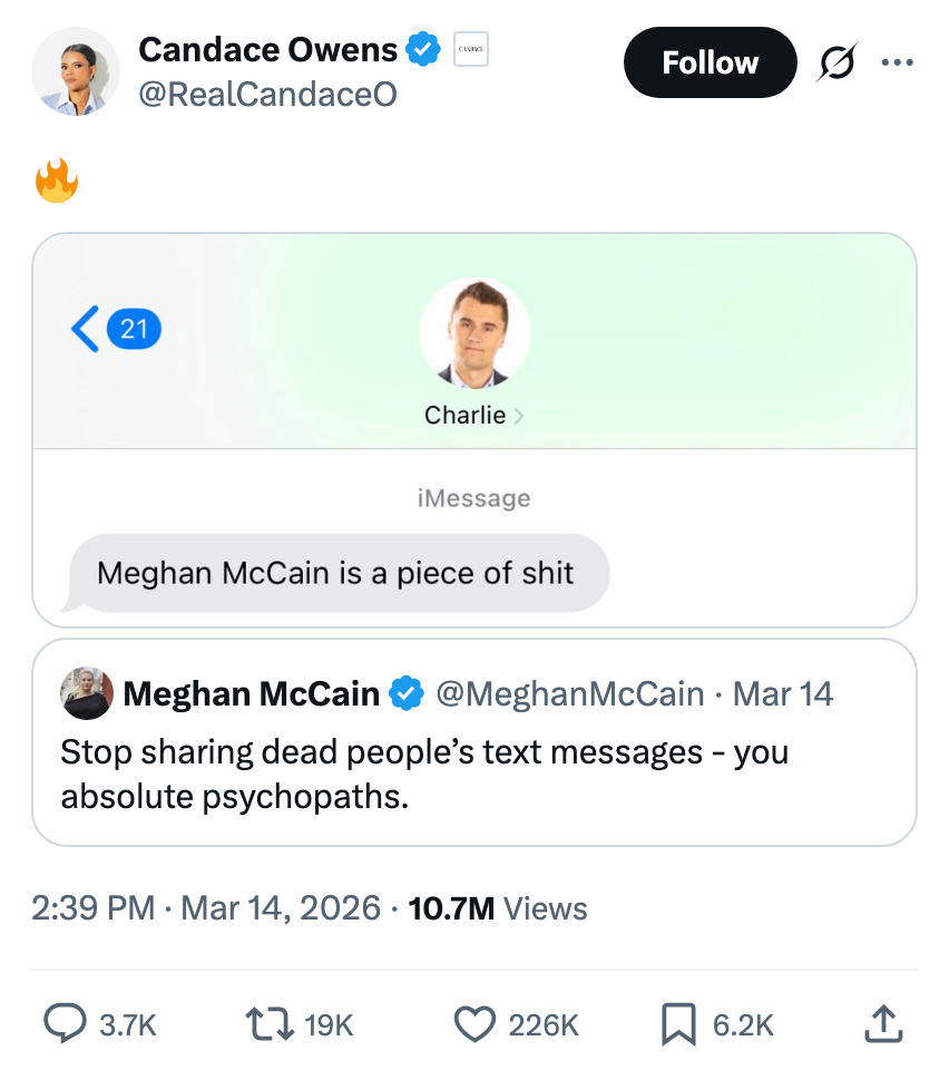 Tweet by Candace Owens shows messages wherever  Meghan McCain reacts to a substance   from "Charlie," calling it psychopath behavior