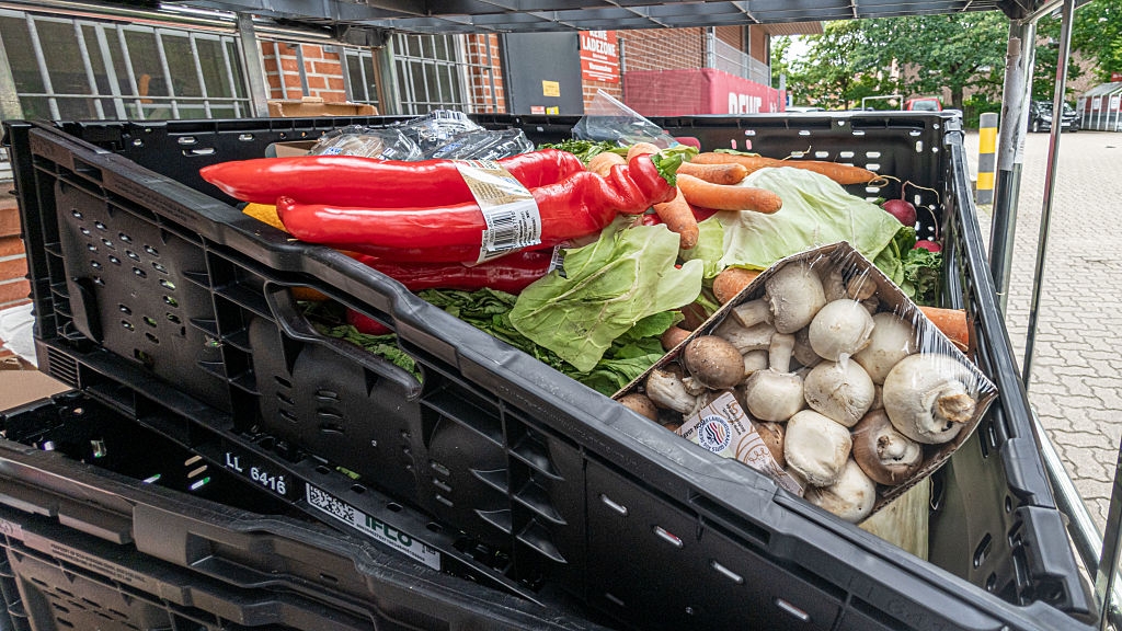 A crate filled with assorted  caller  vegetables, including reddish  peppers, carrots, lettuce, and mushrooms, arranged adjacent   a ceramic  partition  background